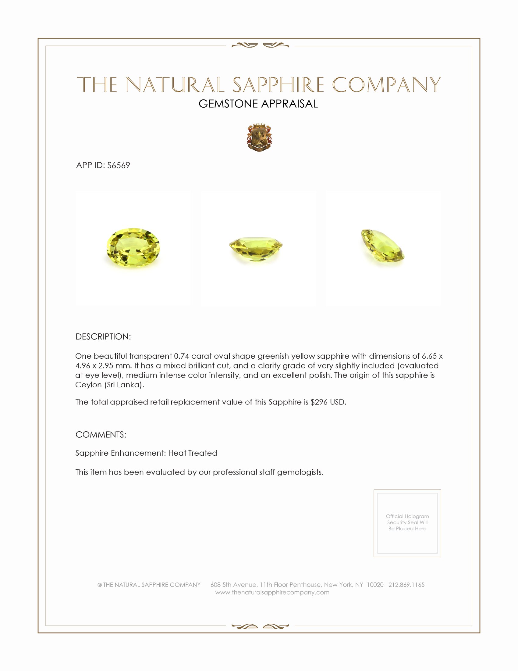 0.74 Ct. Greenish Yellow Sapphire from Ceylon (Sri Lanka)