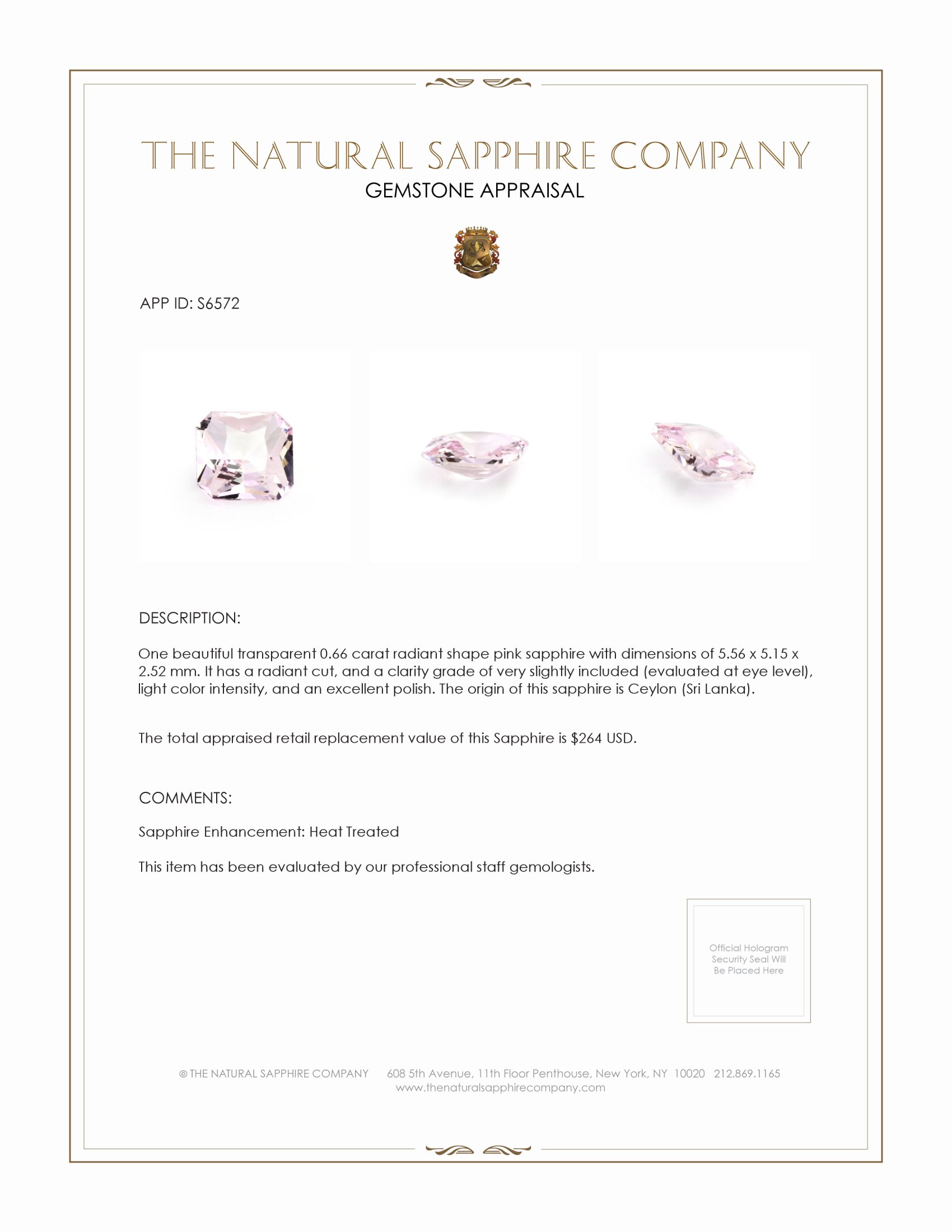 0.66 Ct. Pink Sapphire from Ceylon (Sri Lanka)