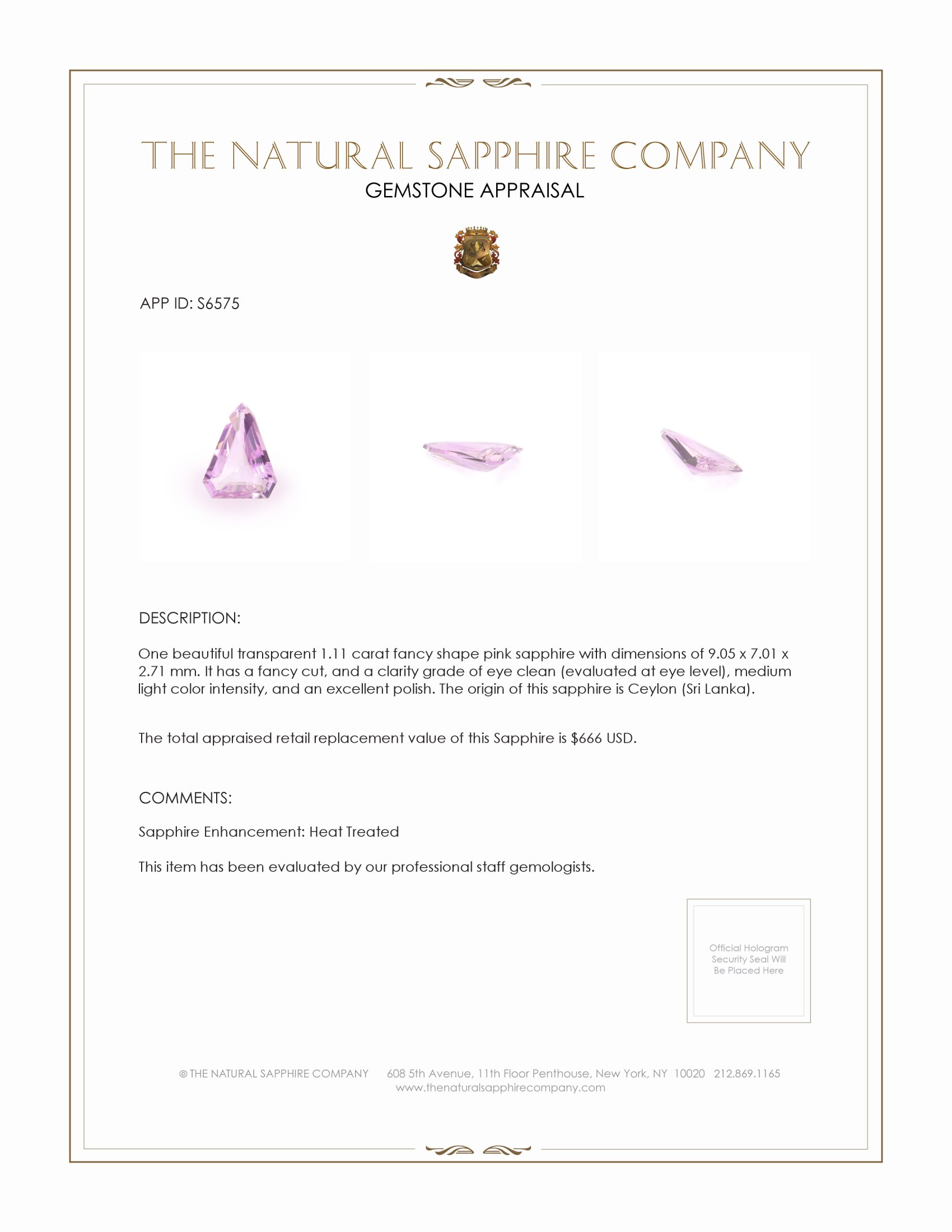 1.11 Ct. Pink Sapphire from Ceylon (Sri Lanka)