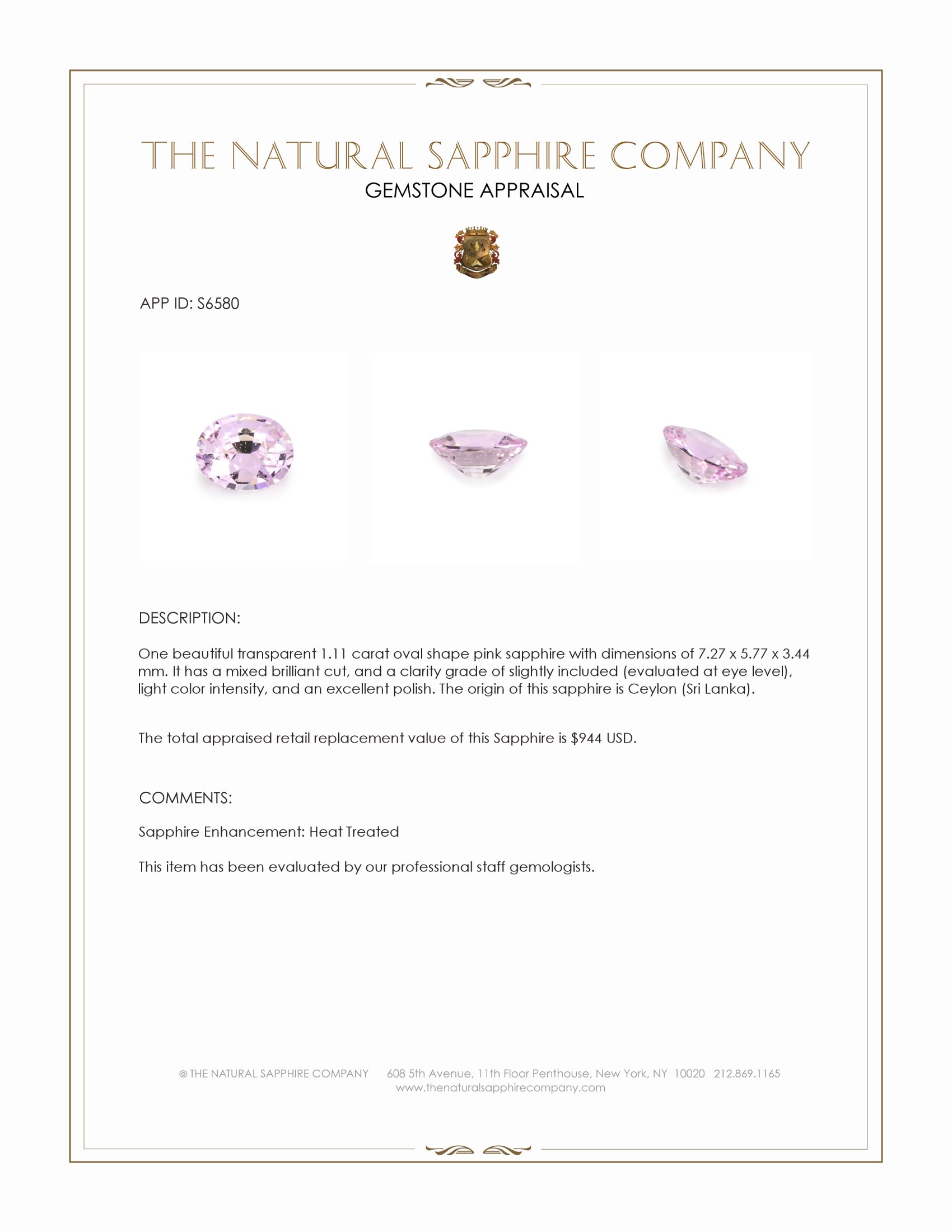 1.11 Ct. Pink Sapphire from Ceylon (Sri Lanka)