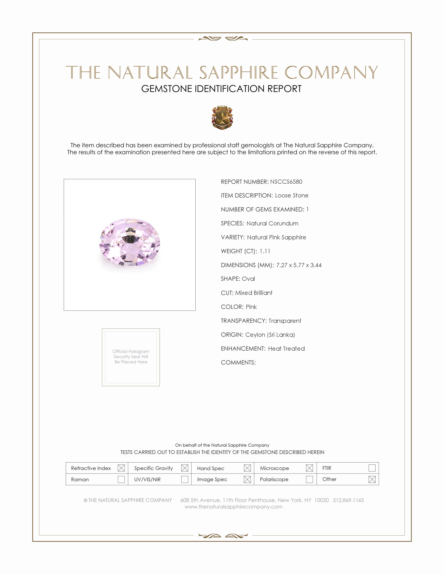 1.11 Ct. Pink Sapphire from Ceylon (Sri Lanka)