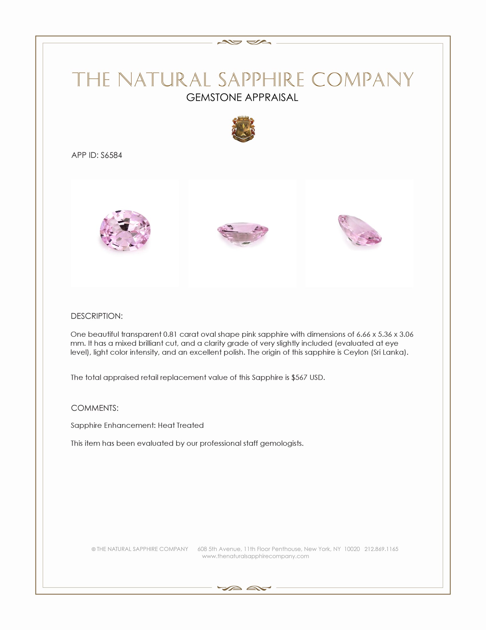 0.81 Ct. Pink Sapphire from Ceylon (Sri Lanka)