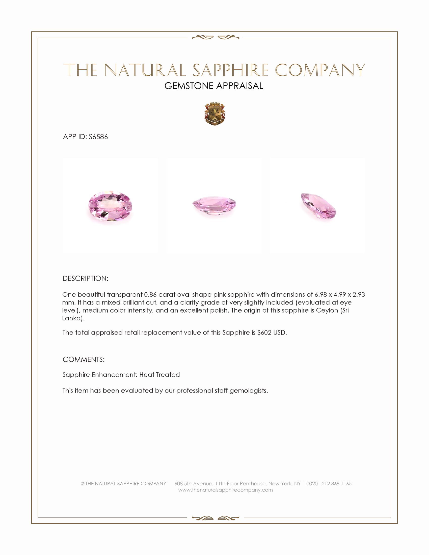 0.86 Ct. Pink Sapphire from Ceylon (Sri Lanka)