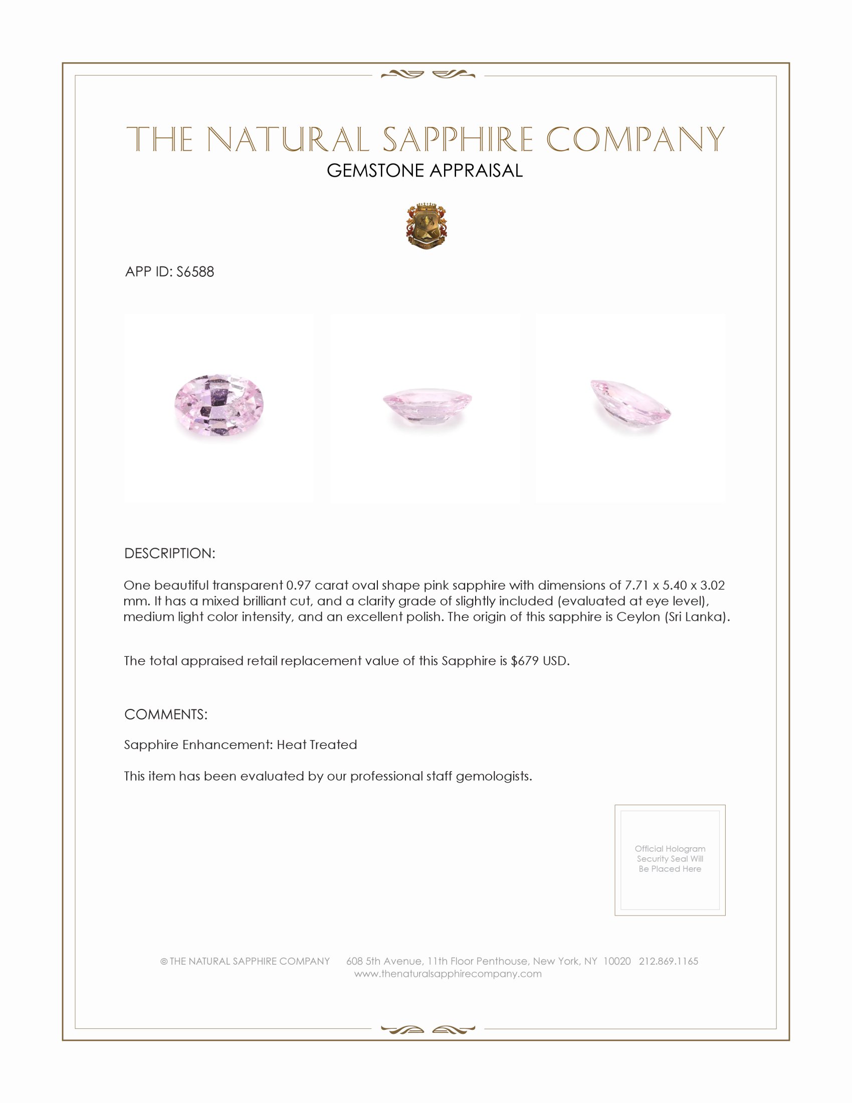 0.97 Ct. Pink Sapphire from Ceylon (Sri Lanka)