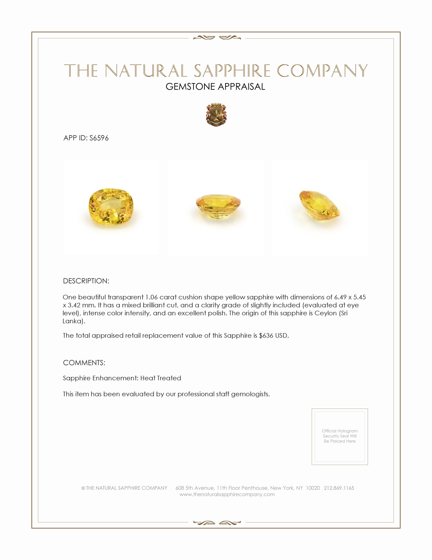 1.06 Ct. Yellow Sapphire from Ceylon (Sri Lanka)