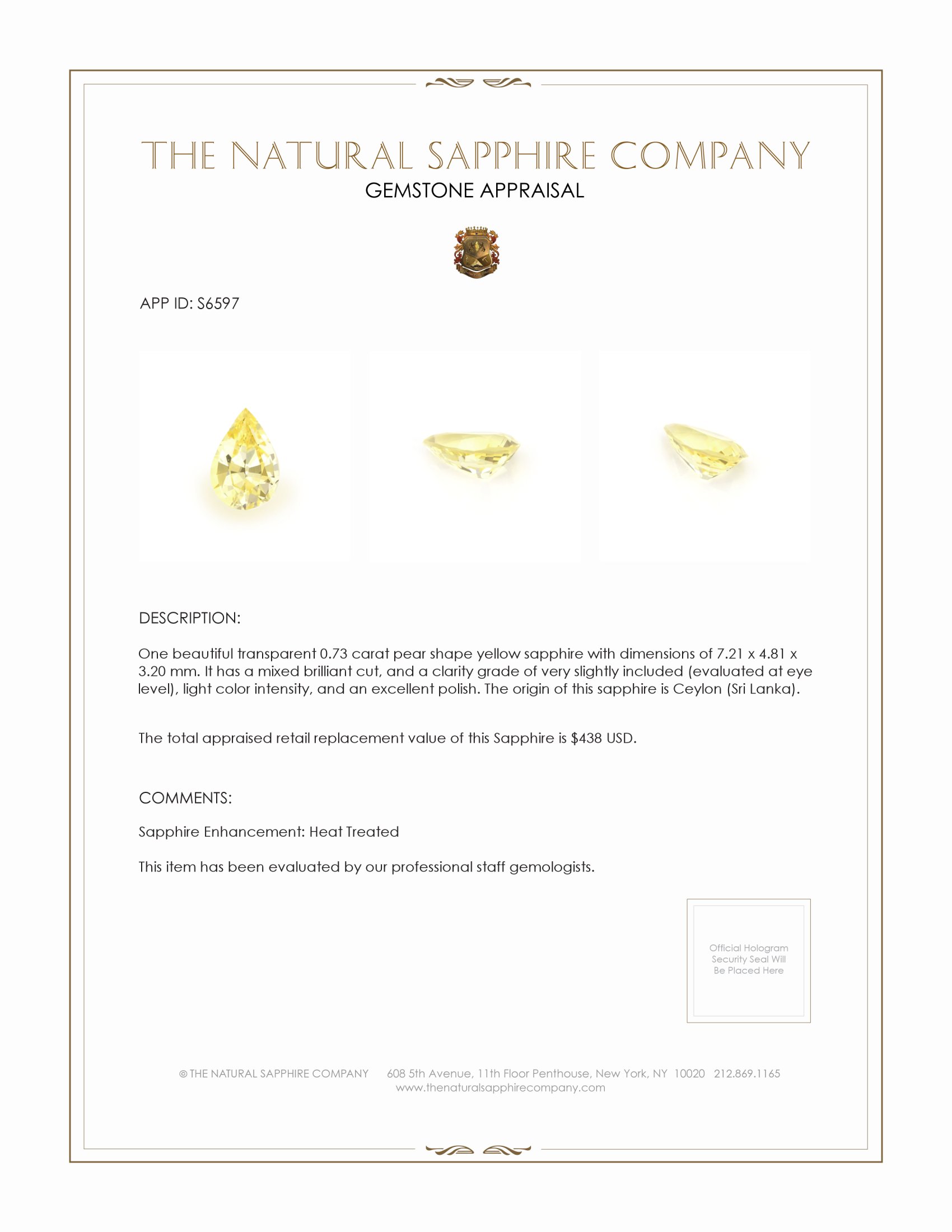 0.73 Ct. Yellow Sapphire from Ceylon (Sri Lanka)