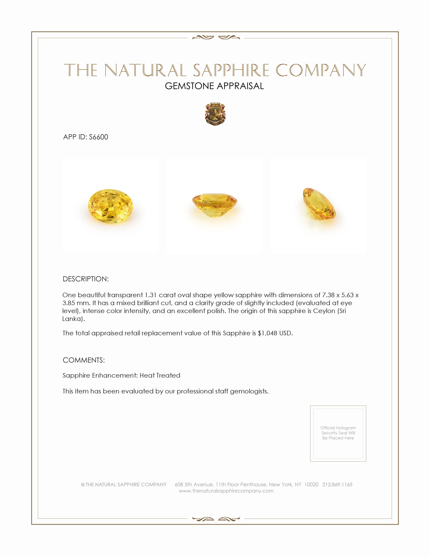 1.31 Ct. Yellow Sapphire from Ceylon (Sri Lanka)