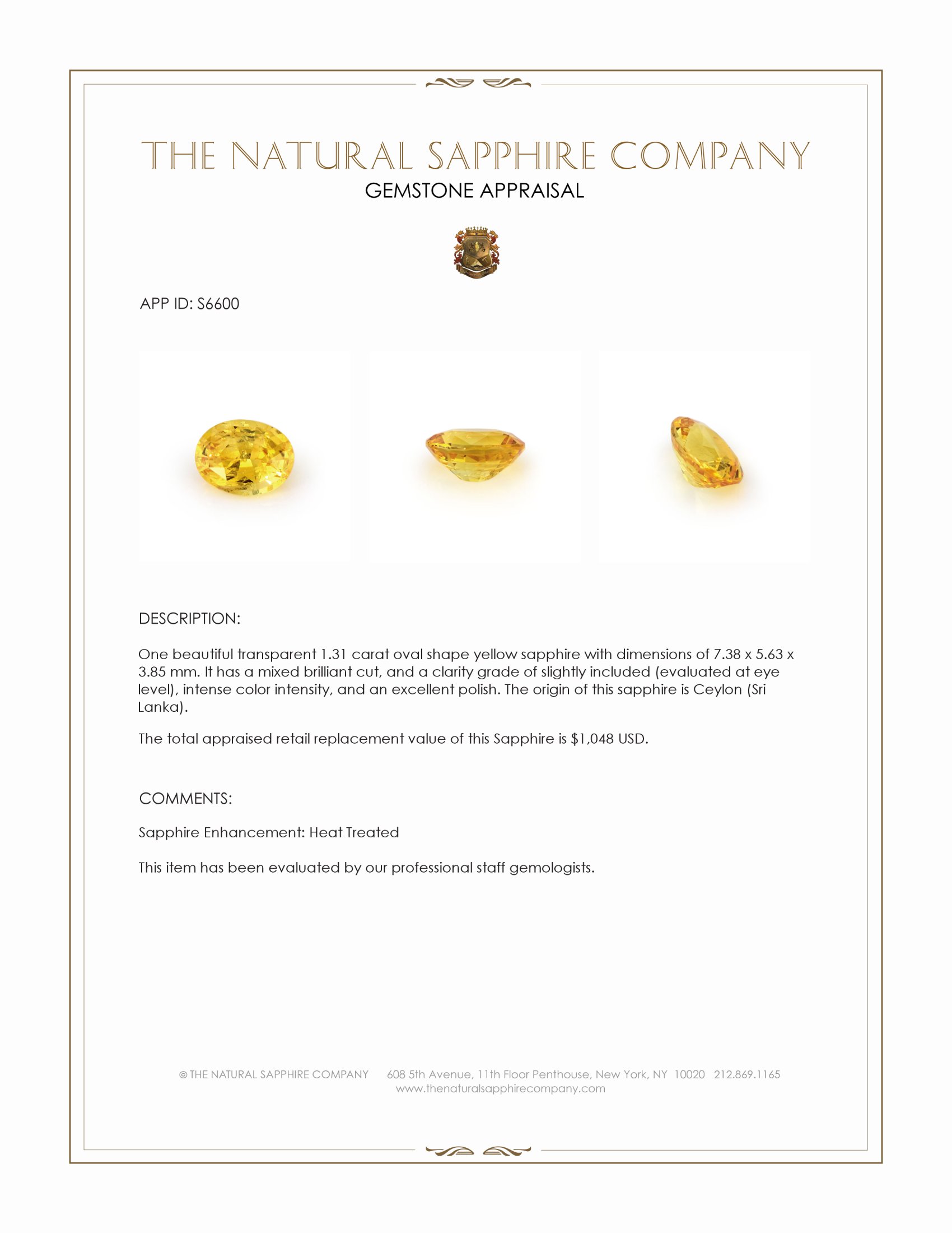 1.31 Ct. Yellow Sapphire from Ceylon (Sri Lanka)