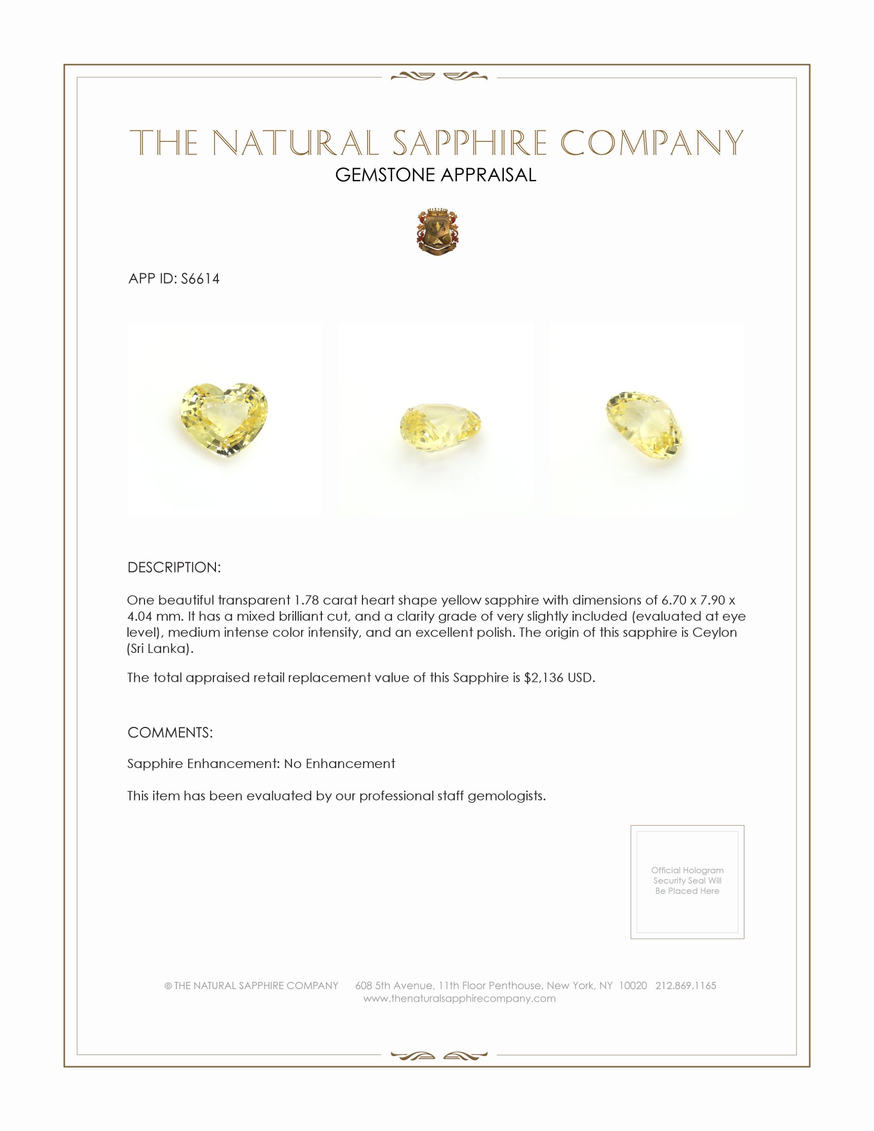 1.78 Ct. Yellow Sapphire from Ceylon (Sri Lanka)