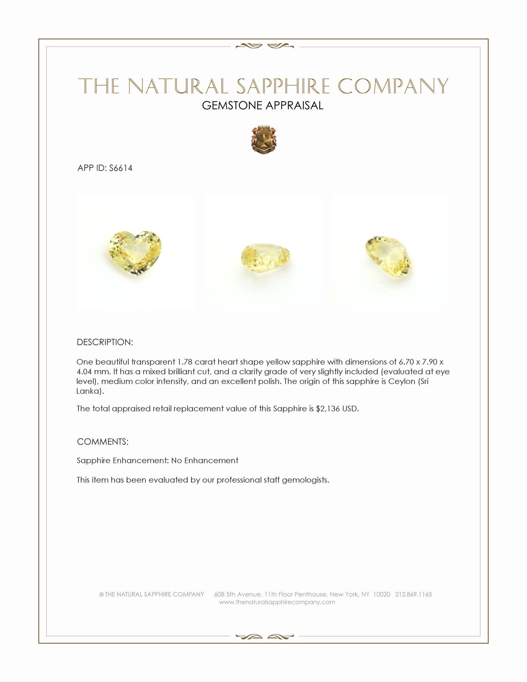 1.78 Ct. Yellow Sapphire from Ceylon (Sri Lanka)