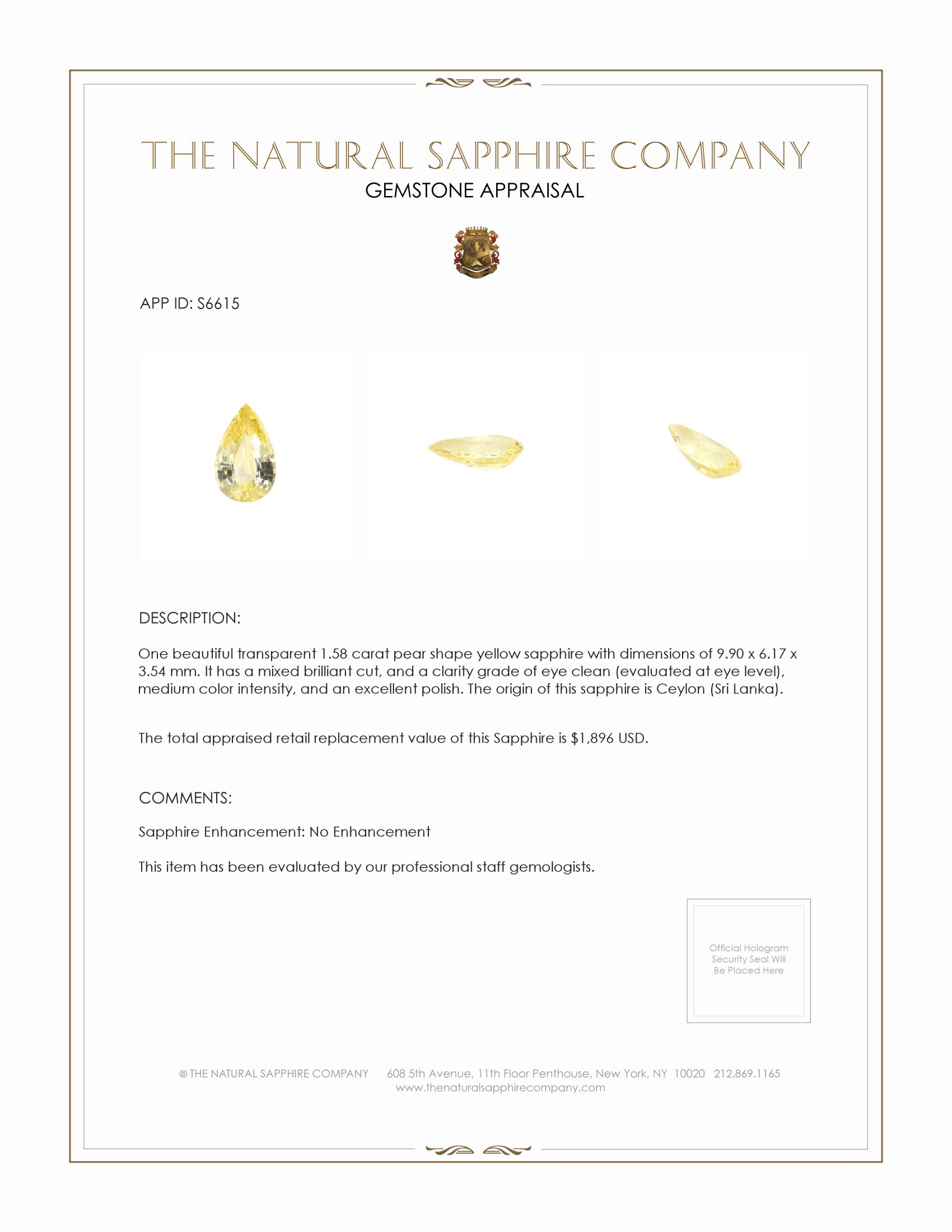 1.58 Ct. Yellow Sapphire from Ceylon (Sri Lanka)