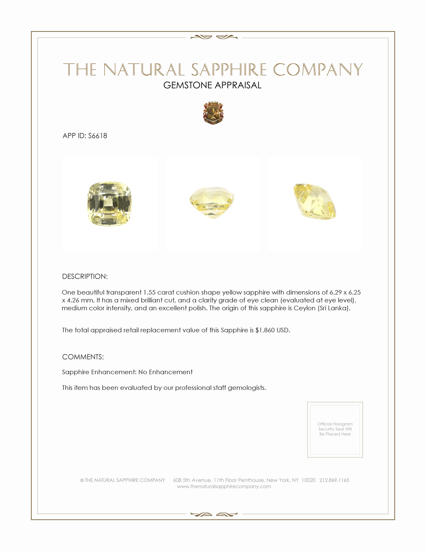 1.55 Ct. Yellow Sapphire from Ceylon (Sri Lanka)