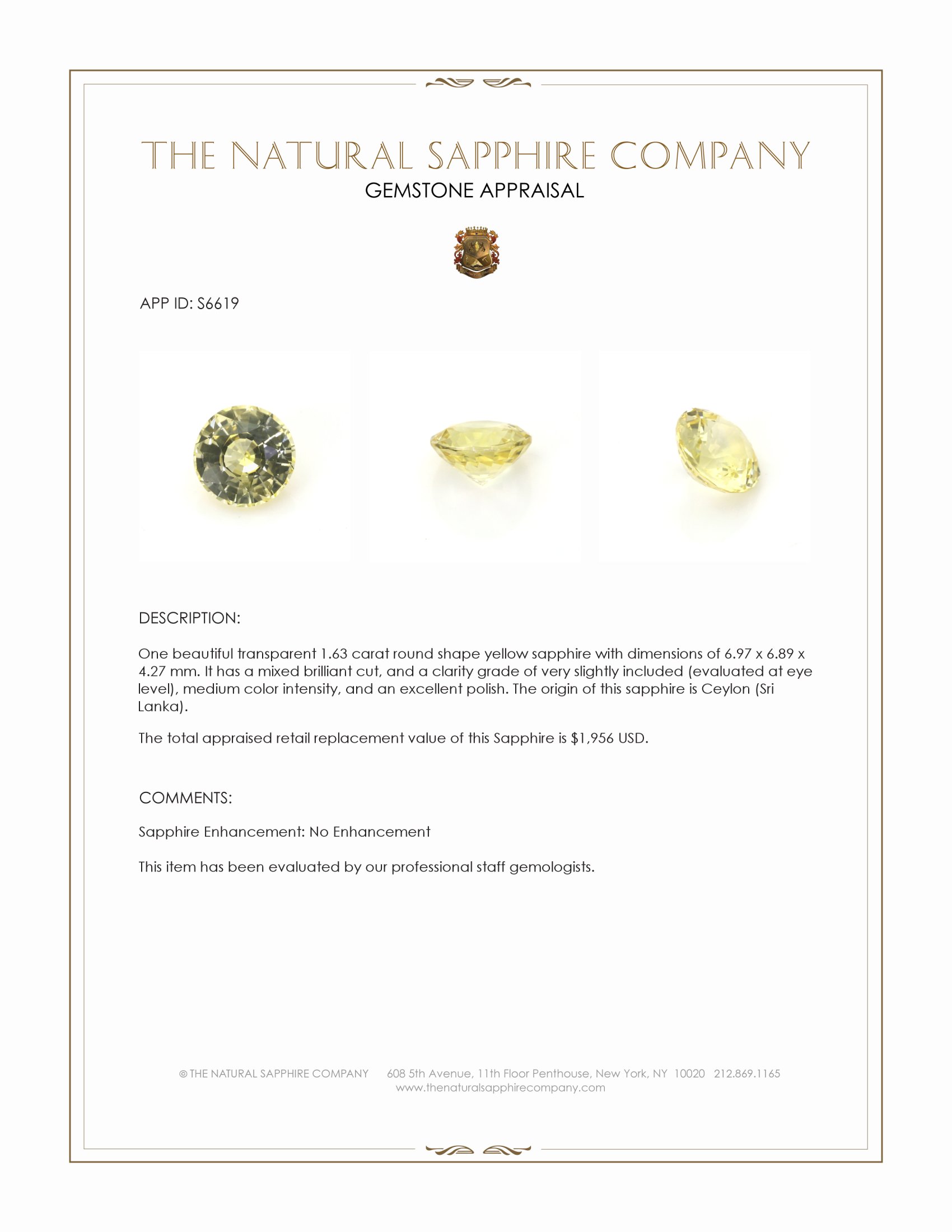 1.63 Ct. Yellow Sapphire from Ceylon (Sri Lanka)