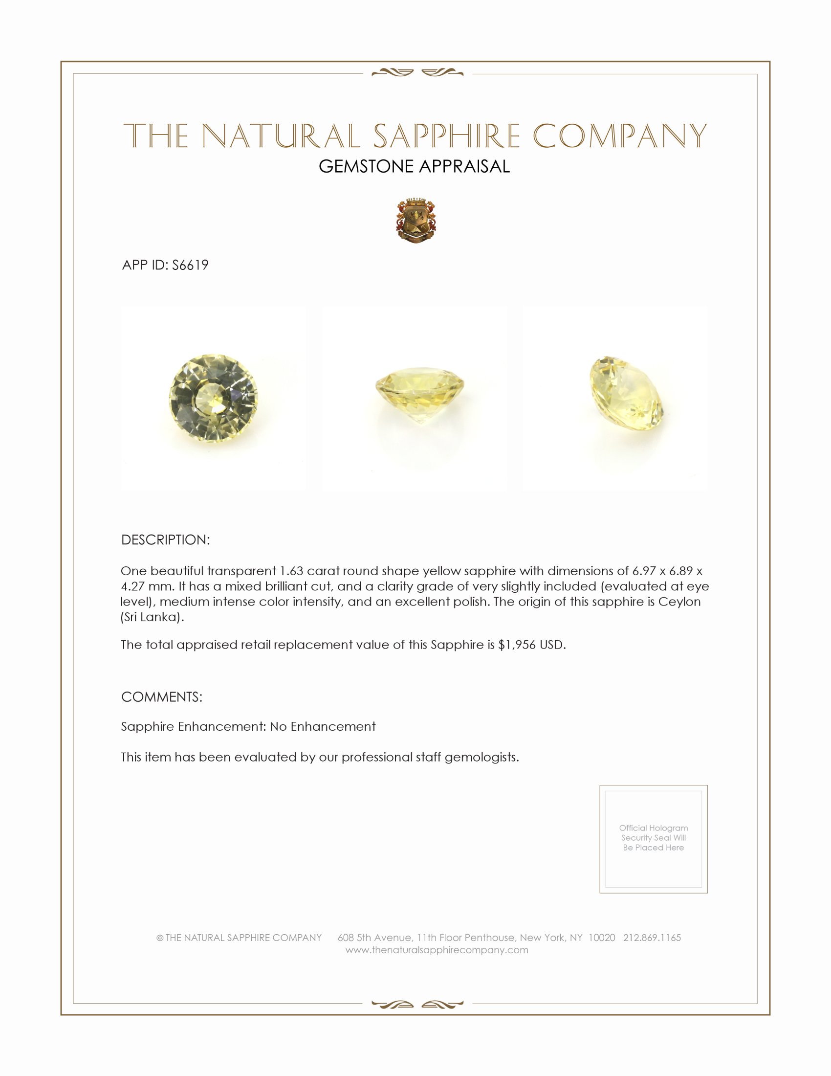 1.63 Ct. Yellow Sapphire from Ceylon (Sri Lanka)