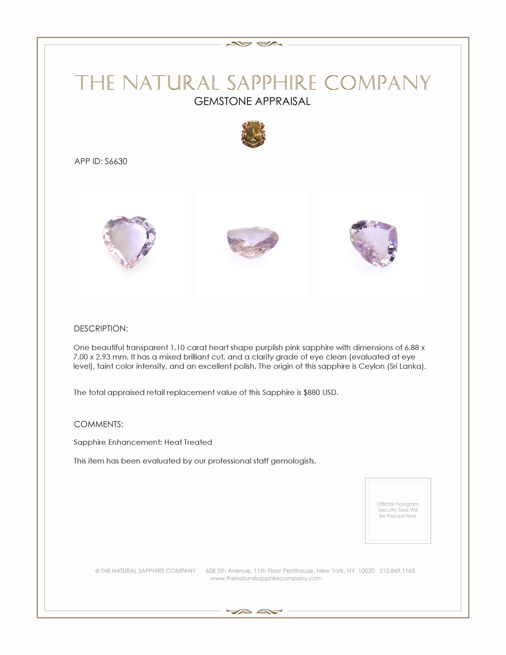 1.10 Ct. Purplish Pink Sapphire from Ceylon (Sri Lanka)