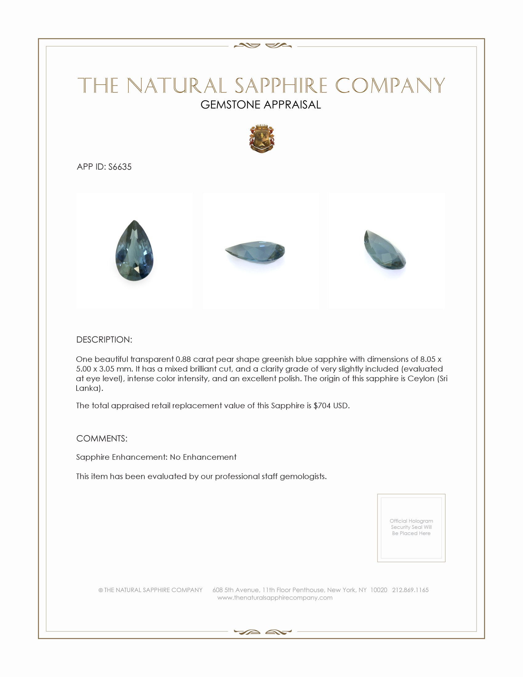 0.88 Ct. Greenish Blue Sapphire from Ceylon (Sri Lanka)