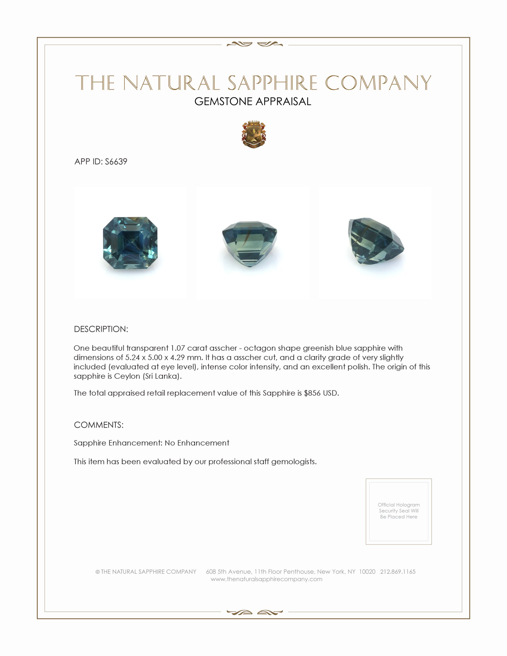 1.07 Ct. Greenish Blue Sapphire from Ceylon (Sri Lanka)