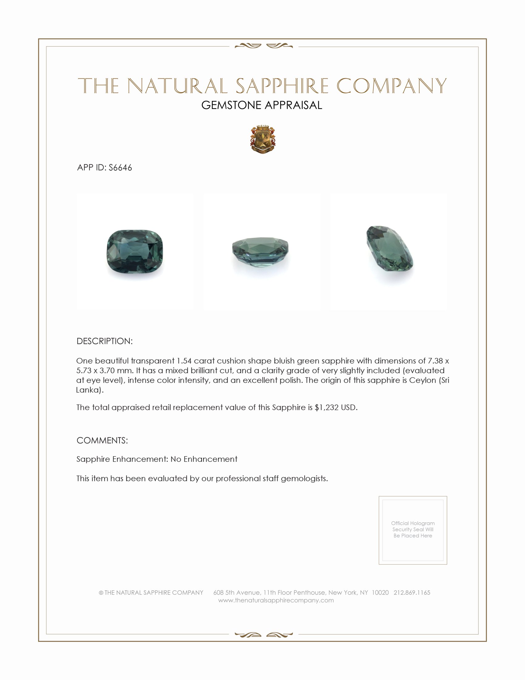 1.54 Ct. Bluish Green Sapphire from Ceylon (Sri Lanka)