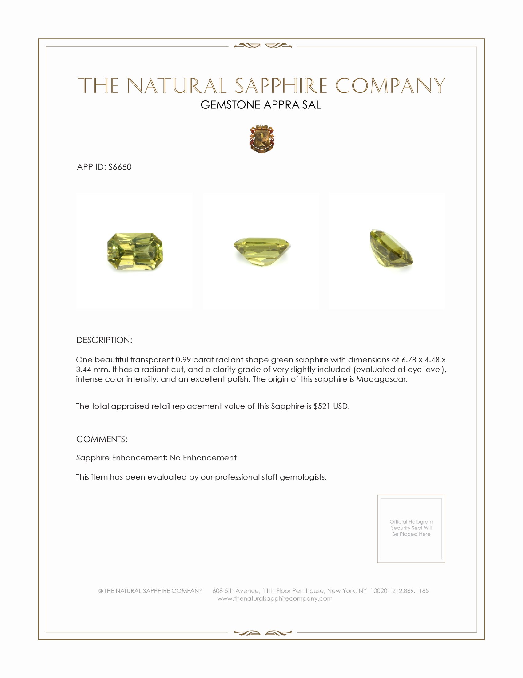 0.99 Ct. Green Sapphire from Madagascar