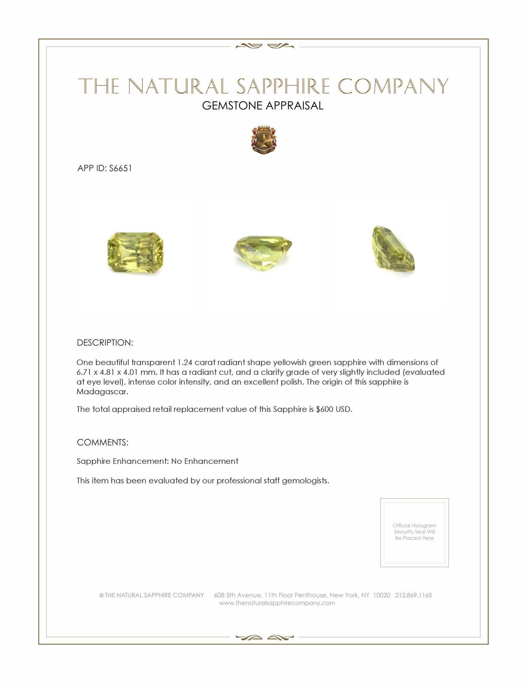 1.24 Ct. Yellowish Green Sapphire from Madagascar