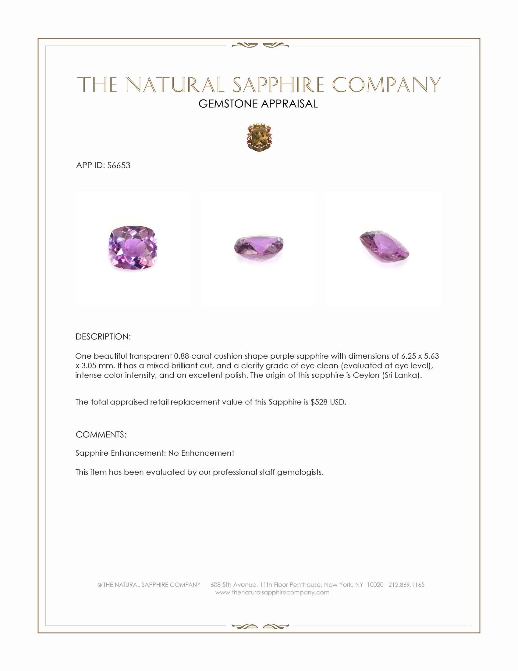 0.88 Ct. Purple Sapphire from Ceylon (Sri Lanka)
