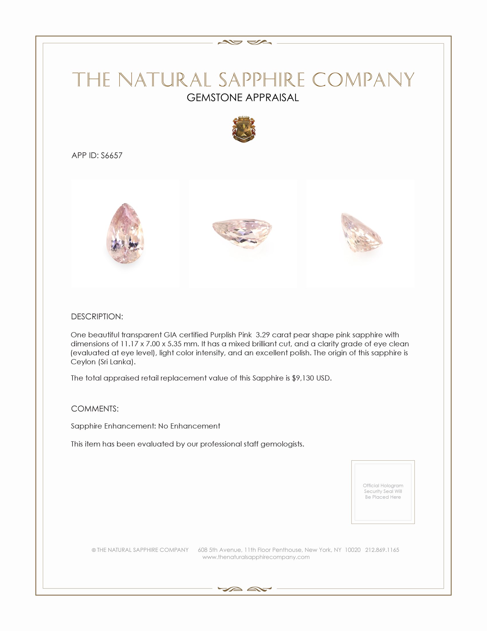 3.29 Ct. Pink Sapphire from Ceylon (Sri Lanka)