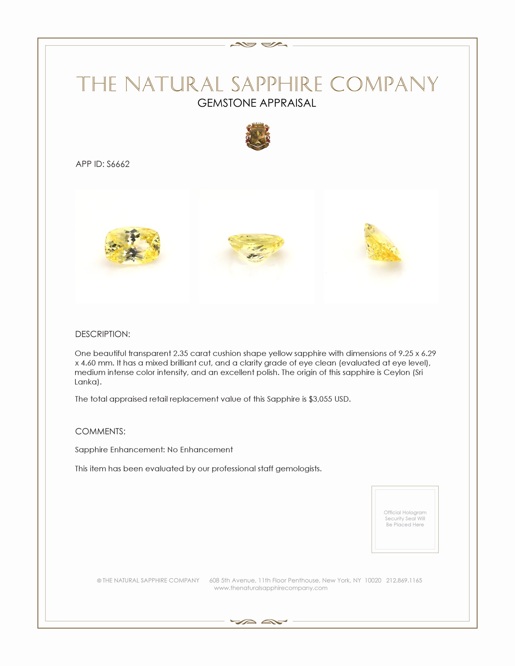 2.35 Ct. Yellow Sapphire from Ceylon (Sri Lanka)