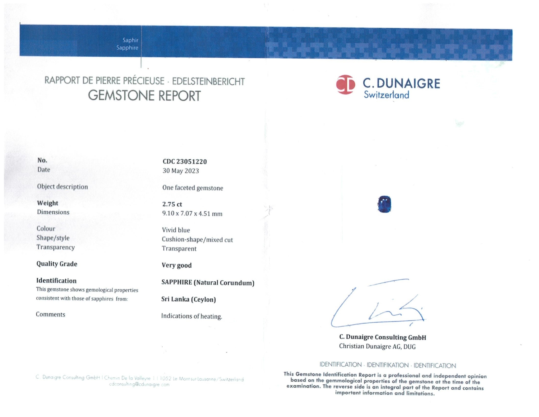 2.75 Ct. Blue Sapphire from Ceylon (Sri Lanka)