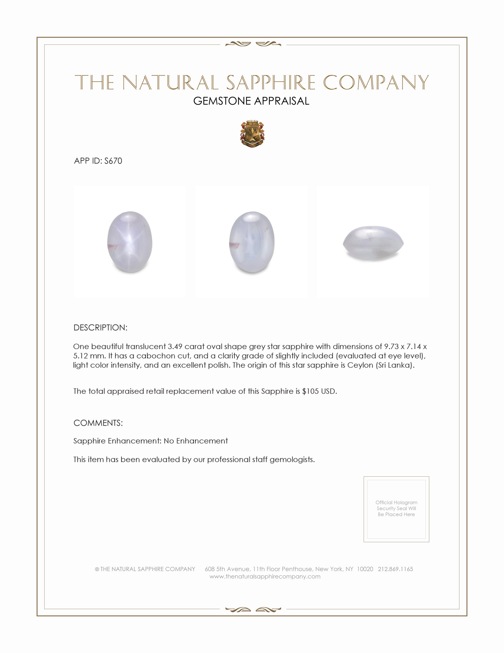 3.49 Ct. Grey Star Sapphire from Ceylon (Sri Lanka)