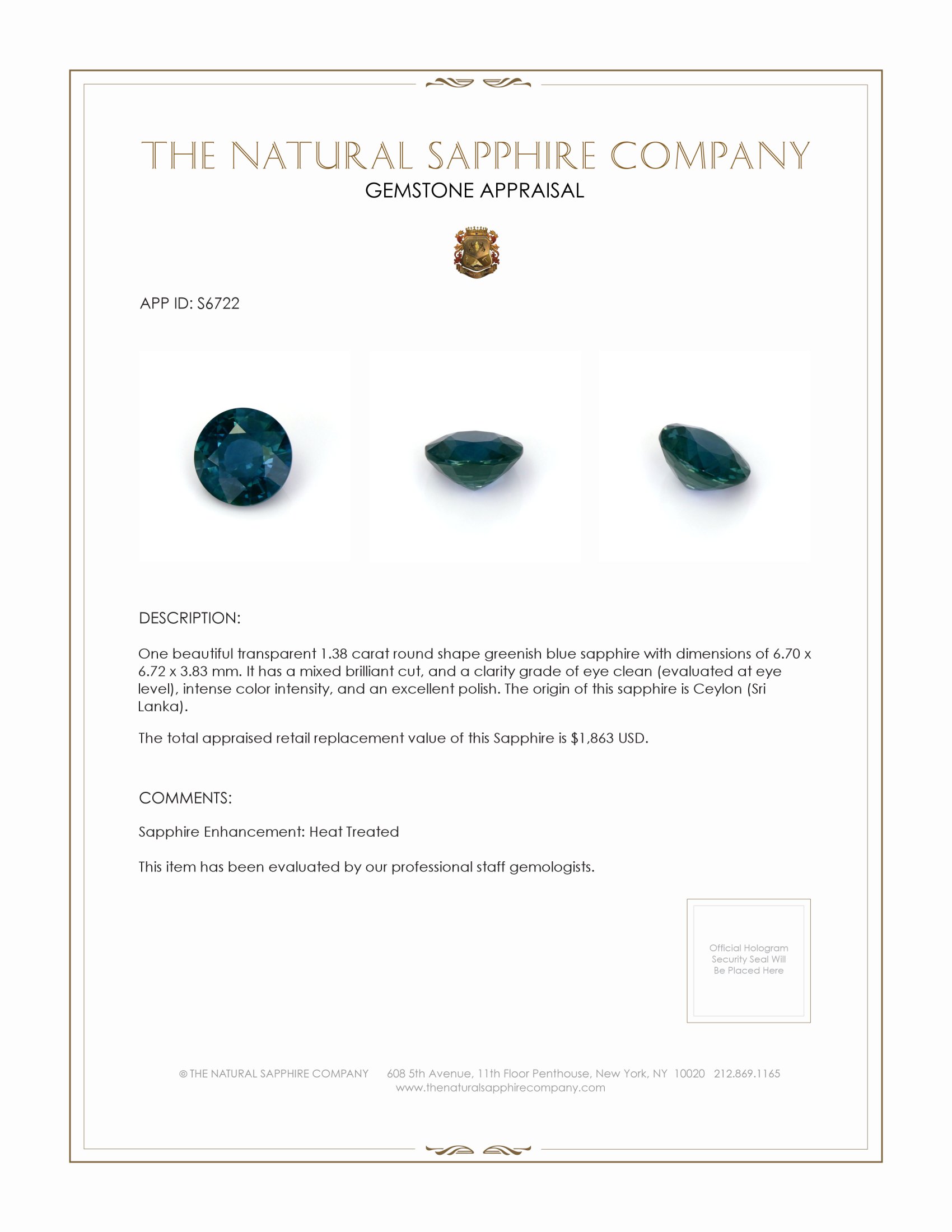 1.38 Ct. Greenish Blue Sapphire from Ceylon (Sri Lanka)