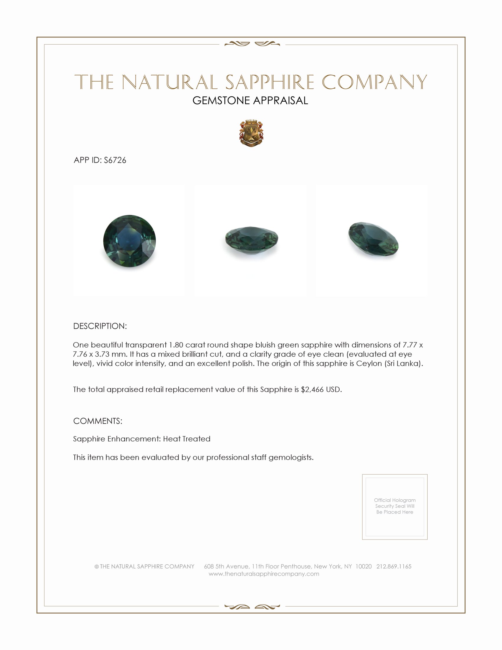 1.80 Ct. Bluish Green Sapphire from Ceylon (Sri Lanka)