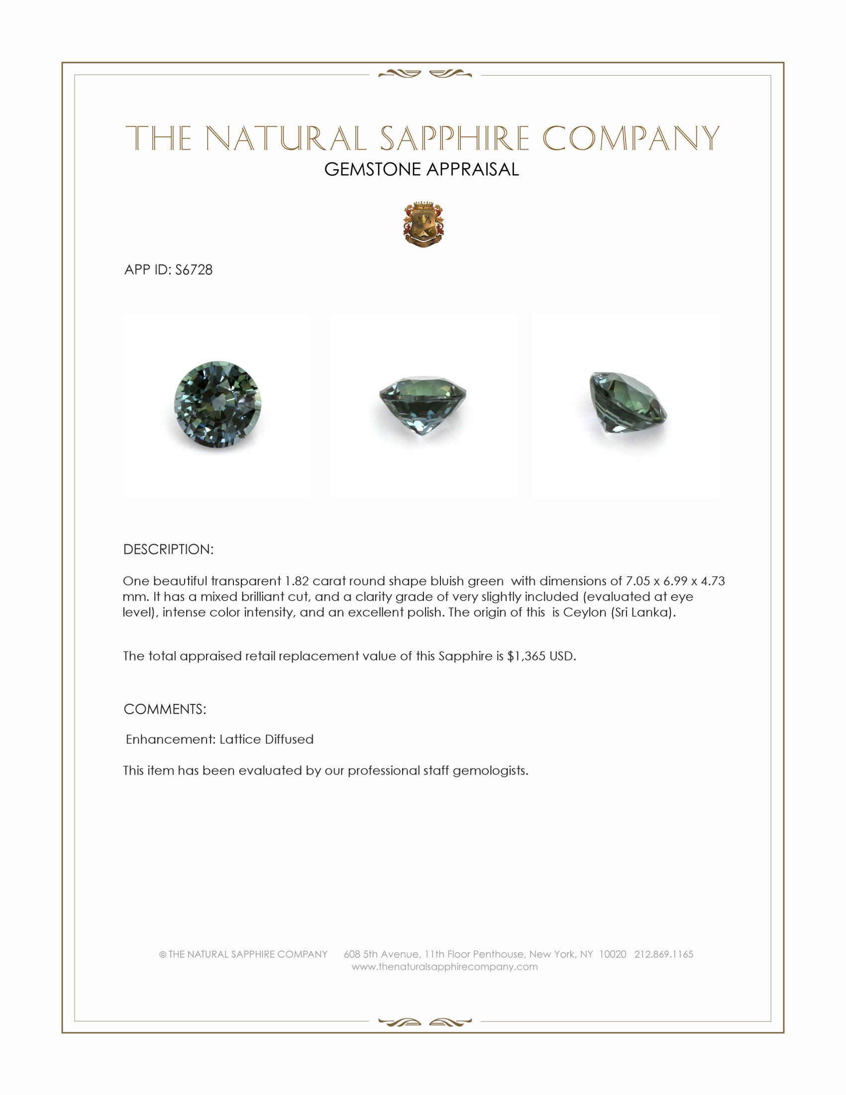 1.82 Ct. Bluish Green Sapphire from Ceylon (Sri Lanka)