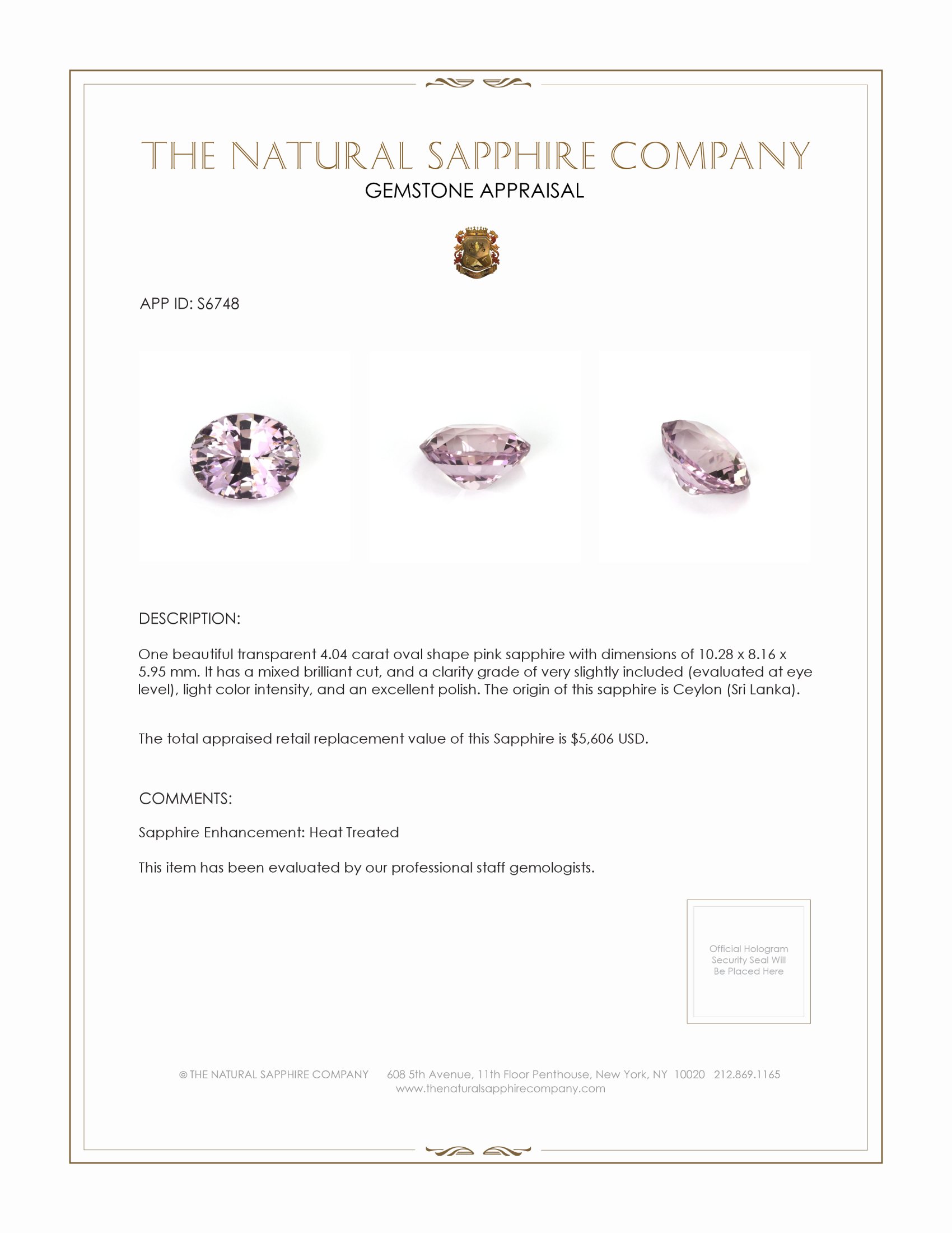 4.04 Ct. Pink Sapphire from Ceylon (Sri Lanka)