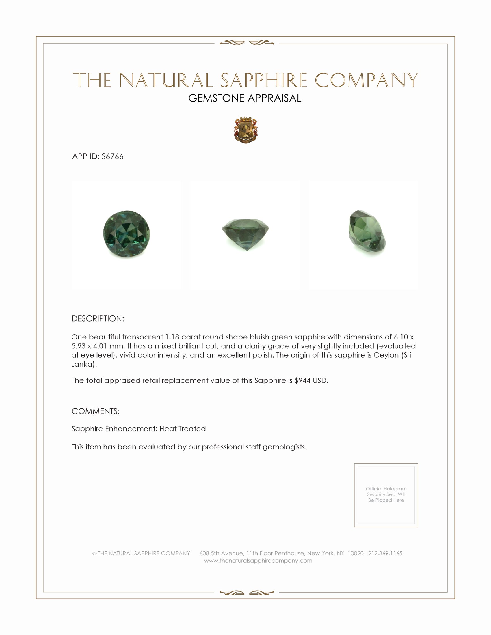 1.18 Ct. Bluish Green Sapphire from Ceylon (Sri Lanka)