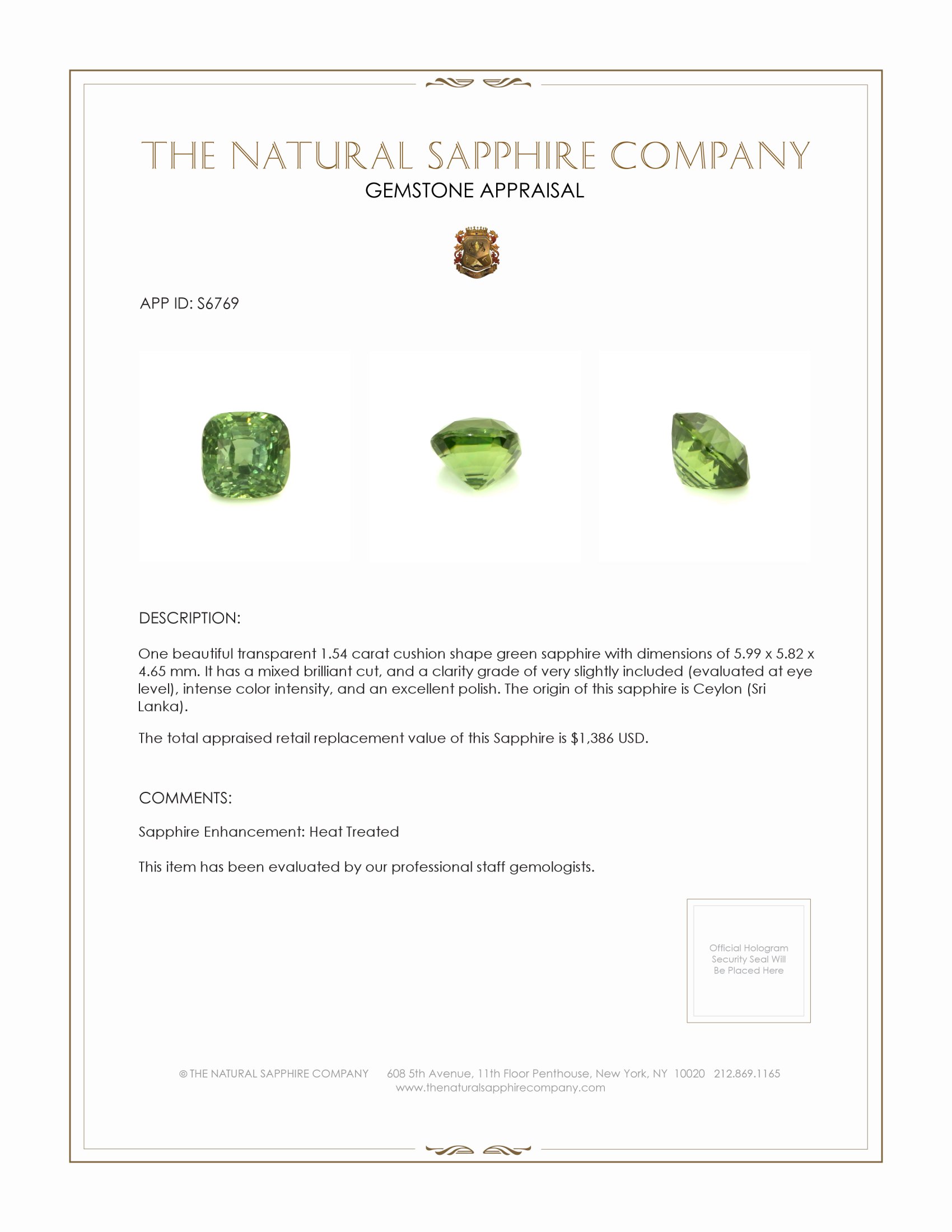 1.54 Ct. Green Sapphire from Ceylon (Sri Lanka)