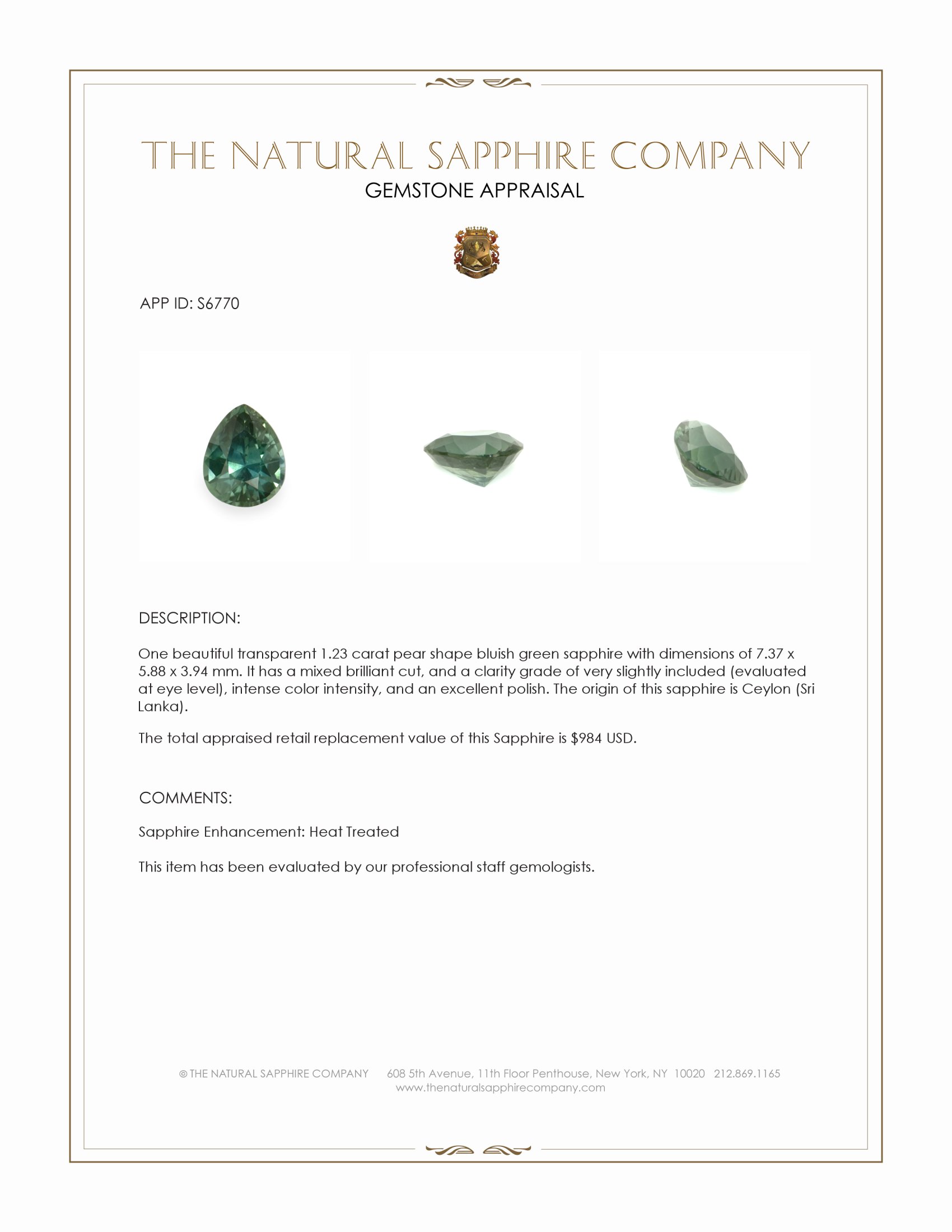 1.23 Ct. Bluish Green Sapphire from Ceylon (Sri Lanka)