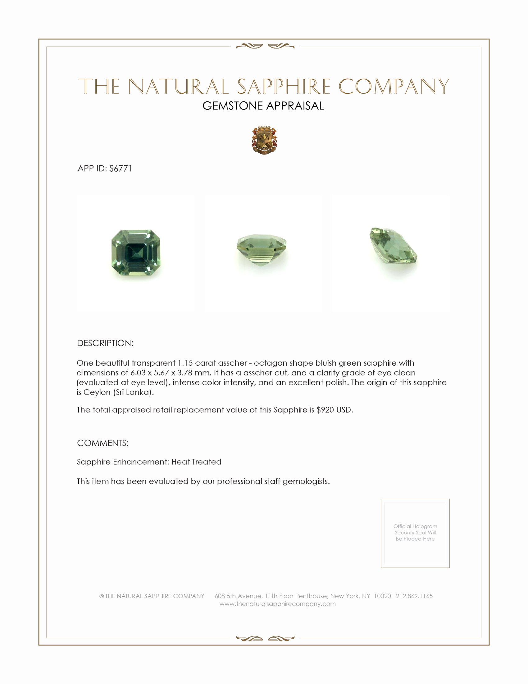 1.15 Ct. Bluish Green Sapphire from Ceylon (Sri Lanka)