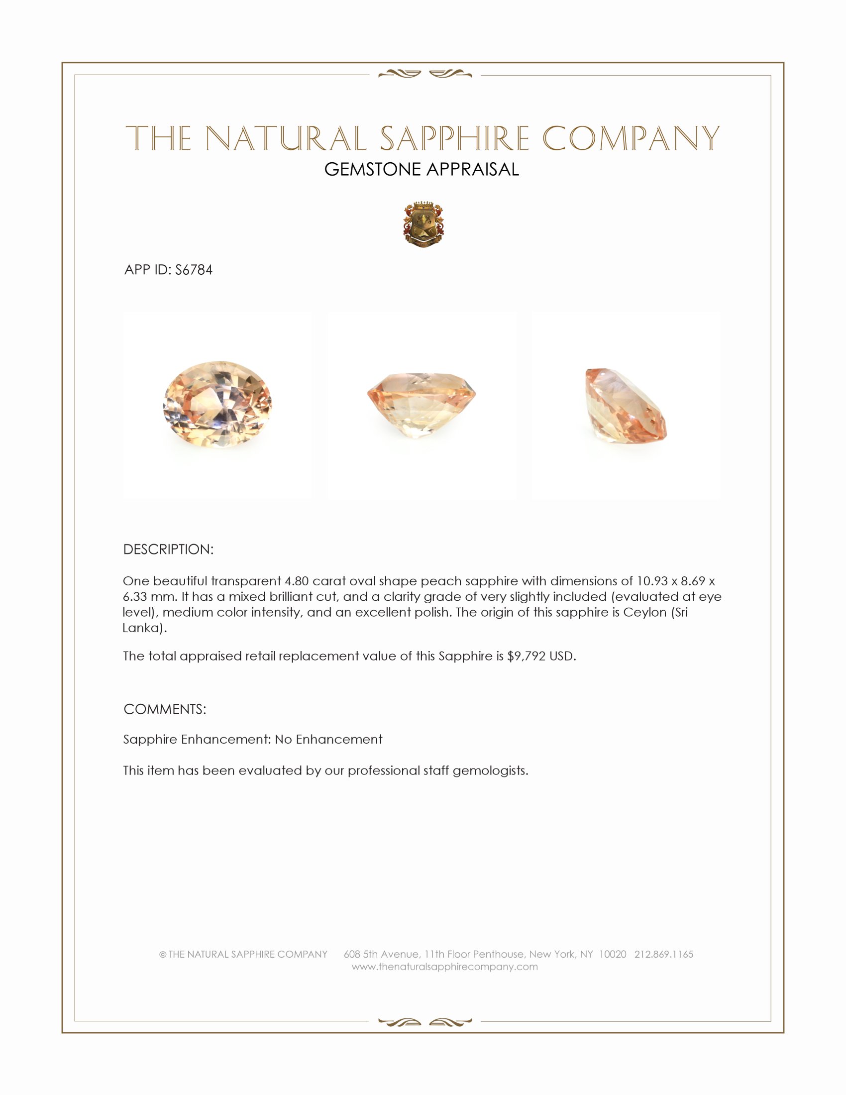 4.80 Ct. Peach Sapphire from Ceylon (Sri Lanka)