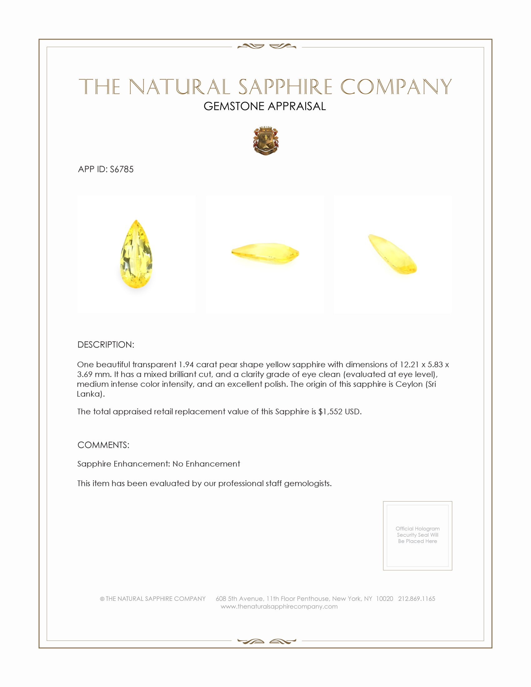 1.94 Ct. Yellow Sapphire from Ceylon (Sri Lanka)