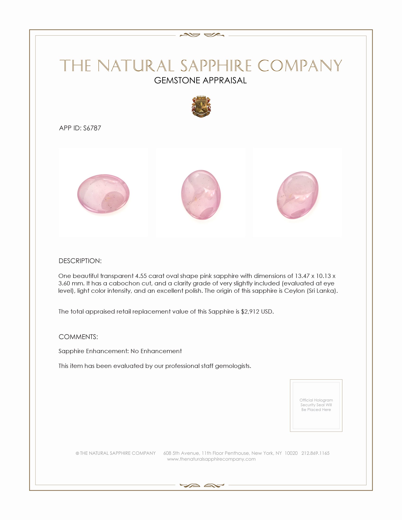 4.55 Ct. Pink Cabochon Sapphire from Ceylon (Sri Lanka)