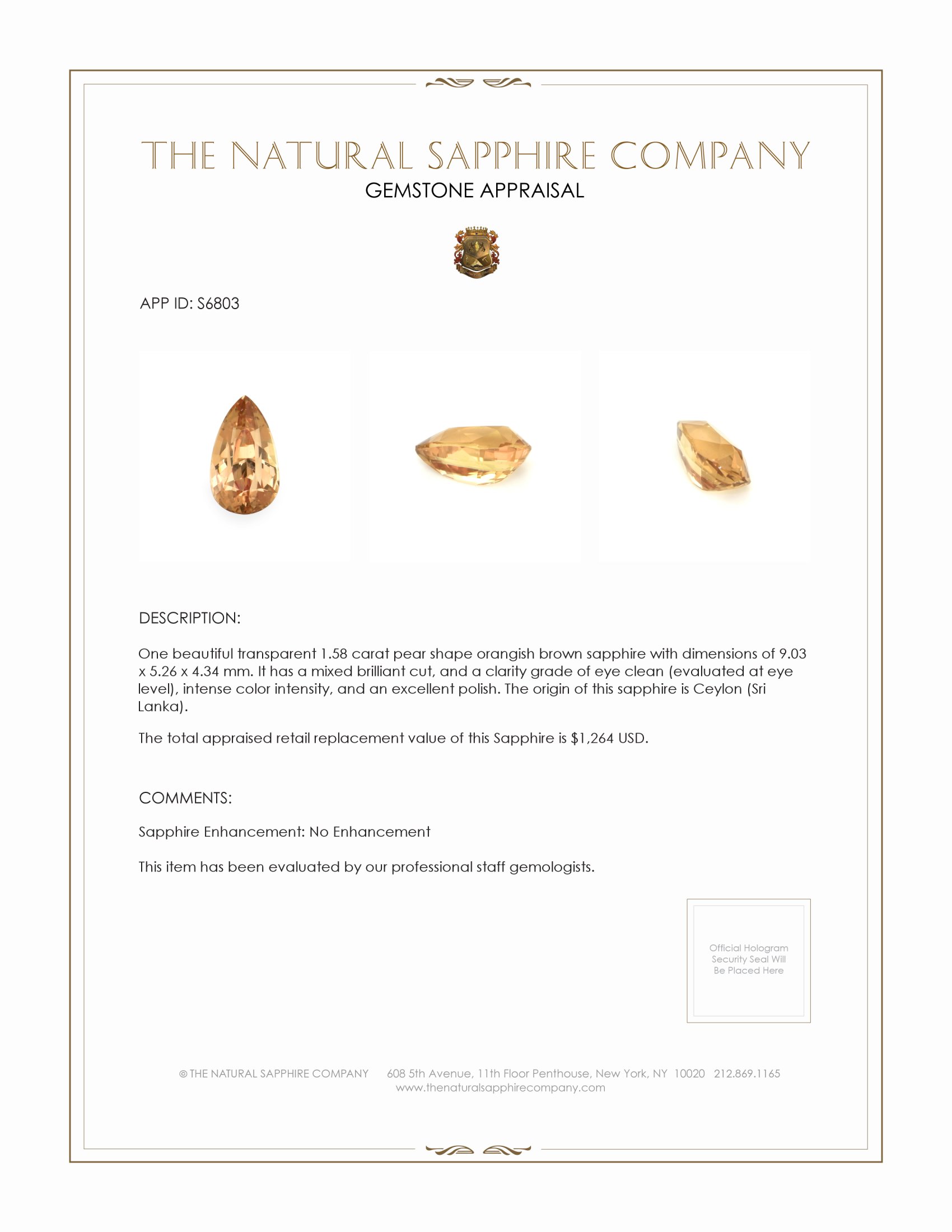 1.58 Ct. Orangish Brown Sapphire from Ceylon (Sri Lanka)