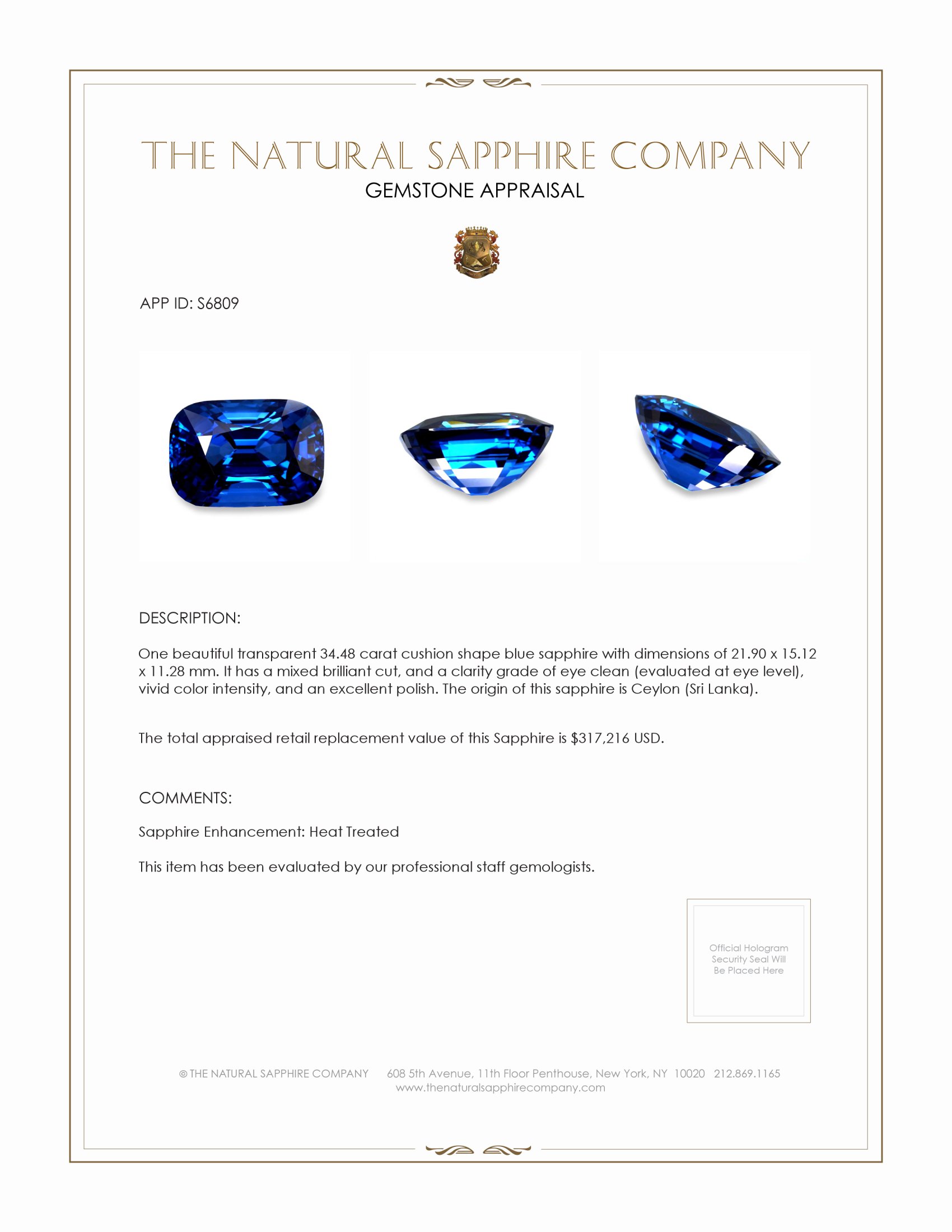 34.48 Ct. Blue Sapphire from Ceylon (Sri Lanka)