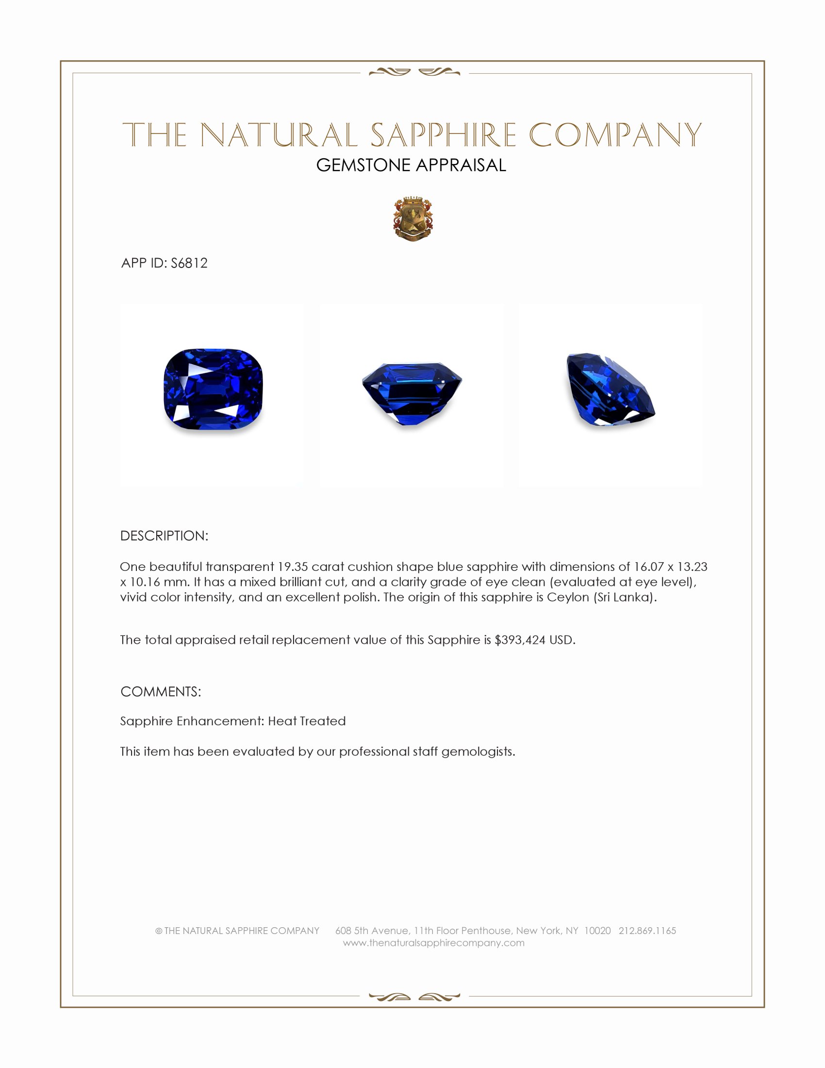 19.35 Ct. Blue Sapphire from Ceylon (Sri Lanka)