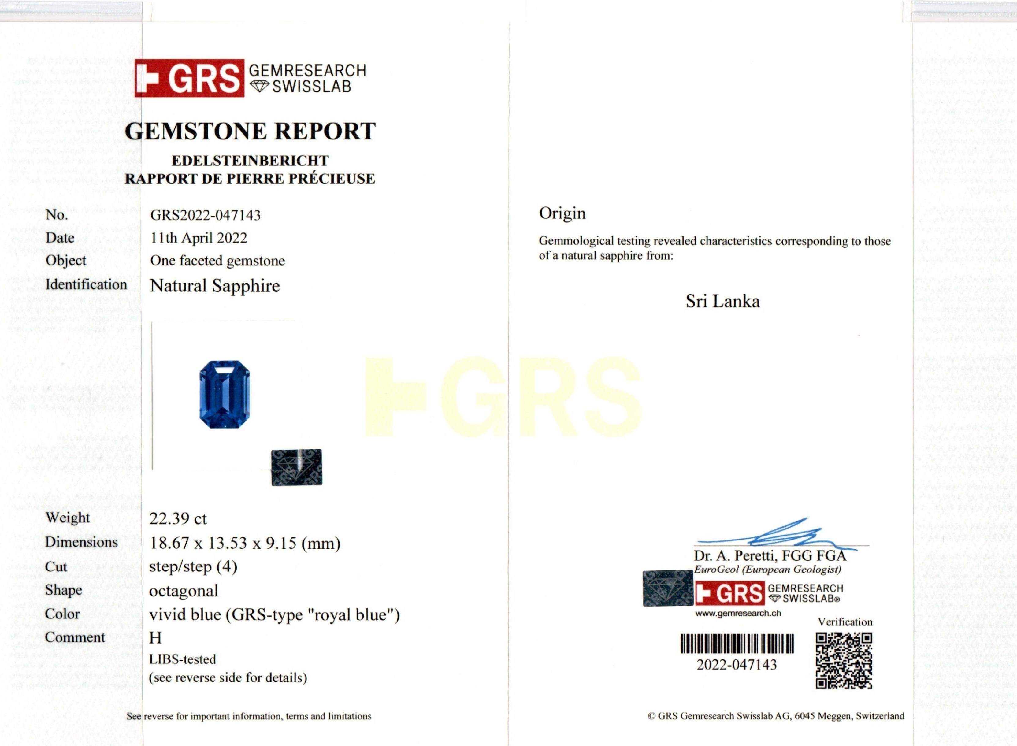 22.39 Ct. Blue Sapphire from Ceylon (Sri Lanka)