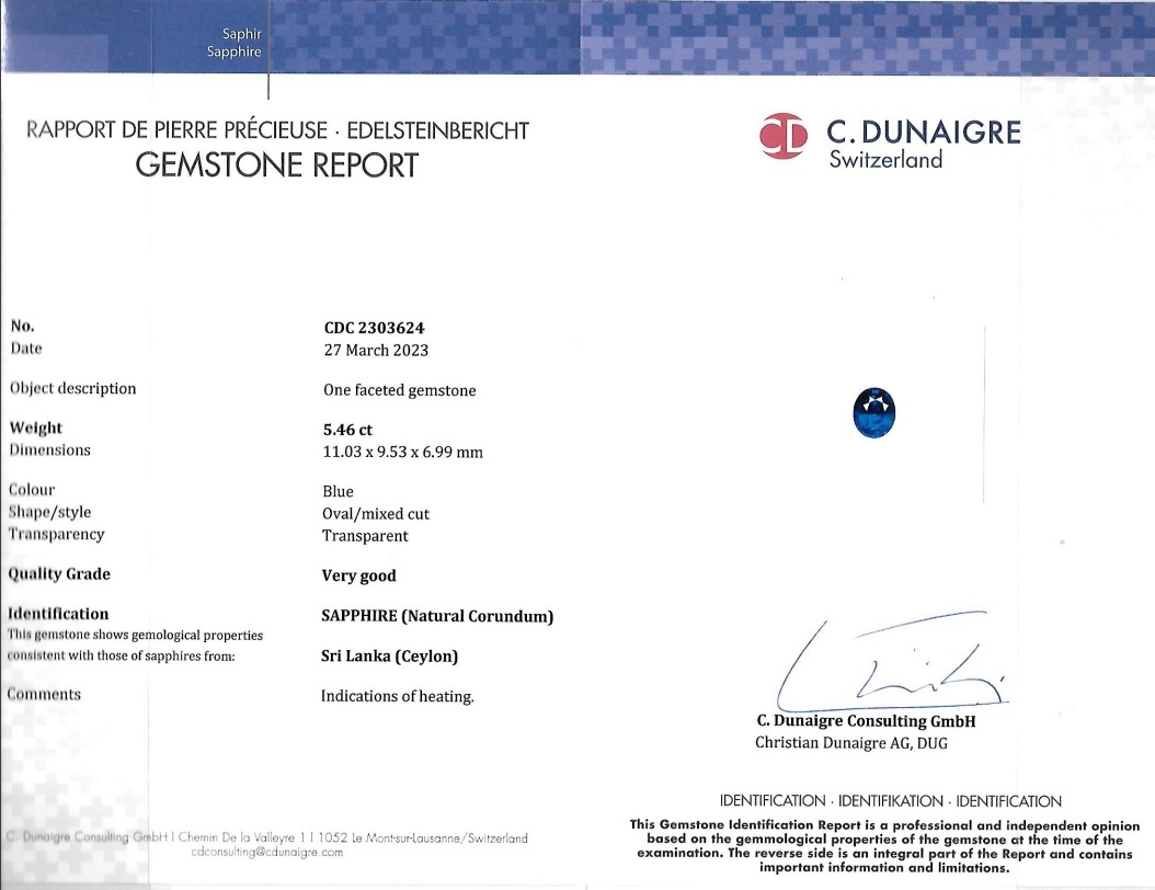 5.46 Ct. Blue Sapphire from Ceylon (Sri Lanka)