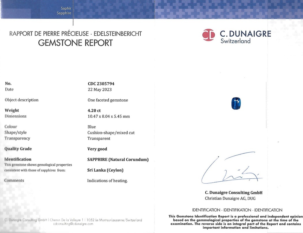 4.20 Ct. Blue Sapphire from Ceylon (Sri Lanka)
