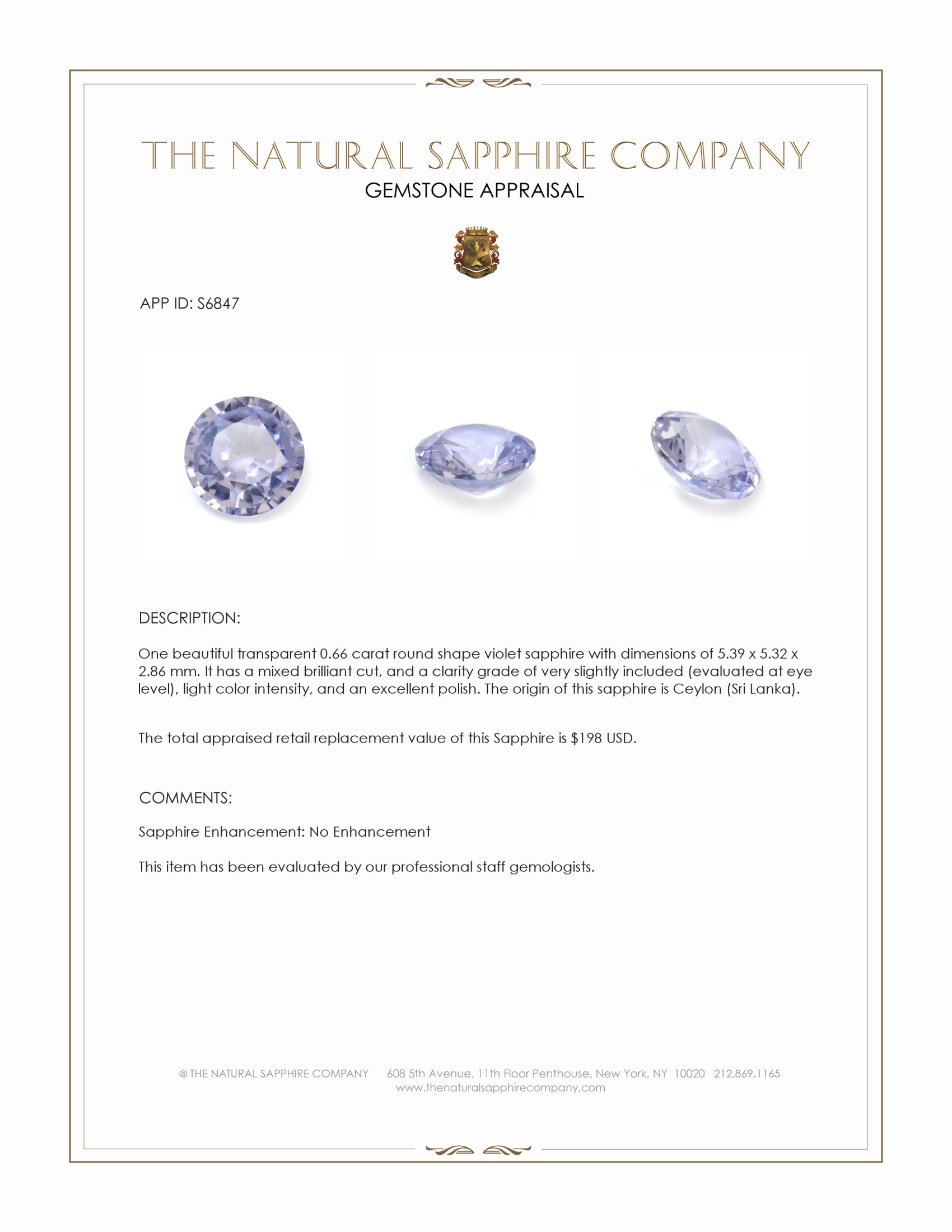 0.66 Ct. Violet Sapphire from Ceylon (Sri Lanka)