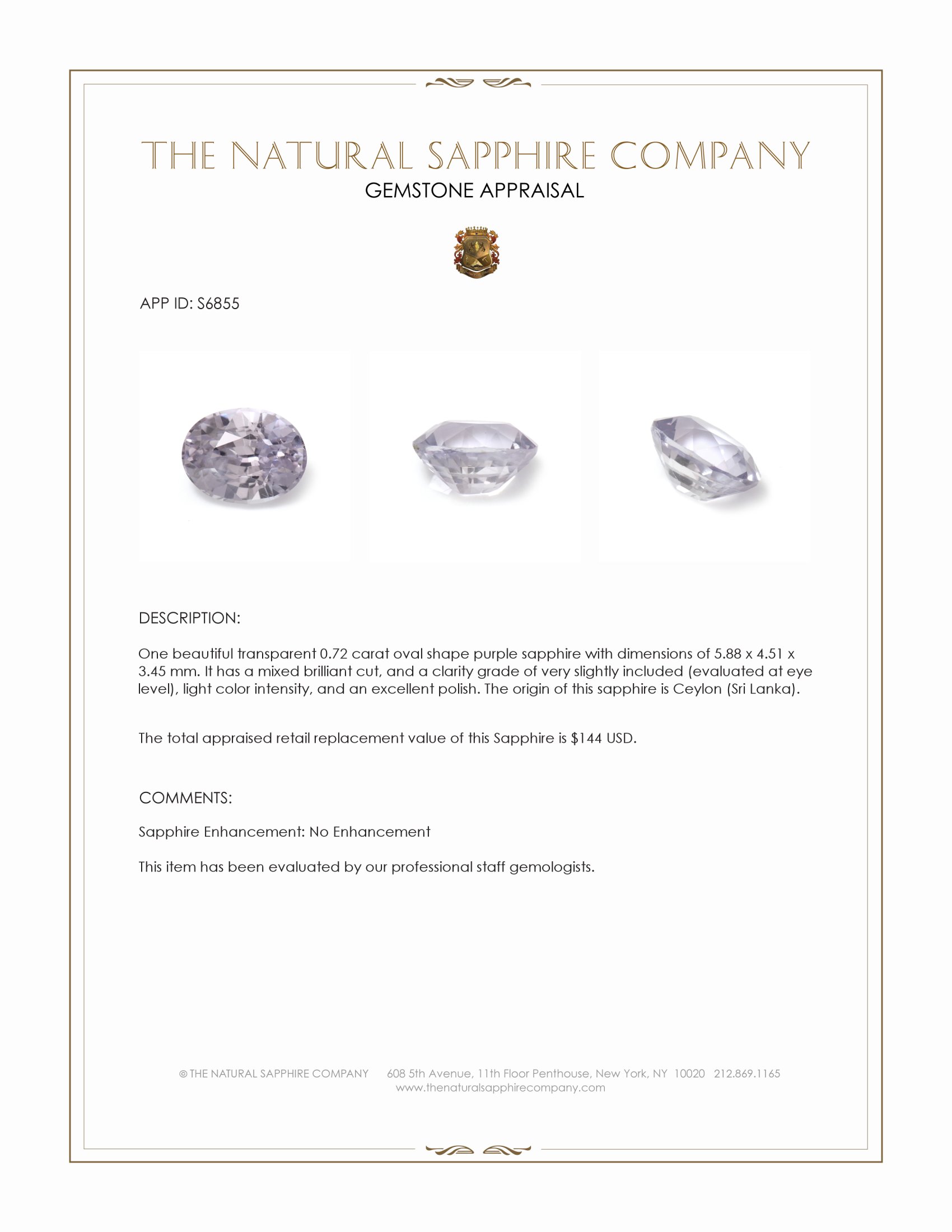 0.72 Ct. Purple Sapphire from Ceylon (Sri Lanka)