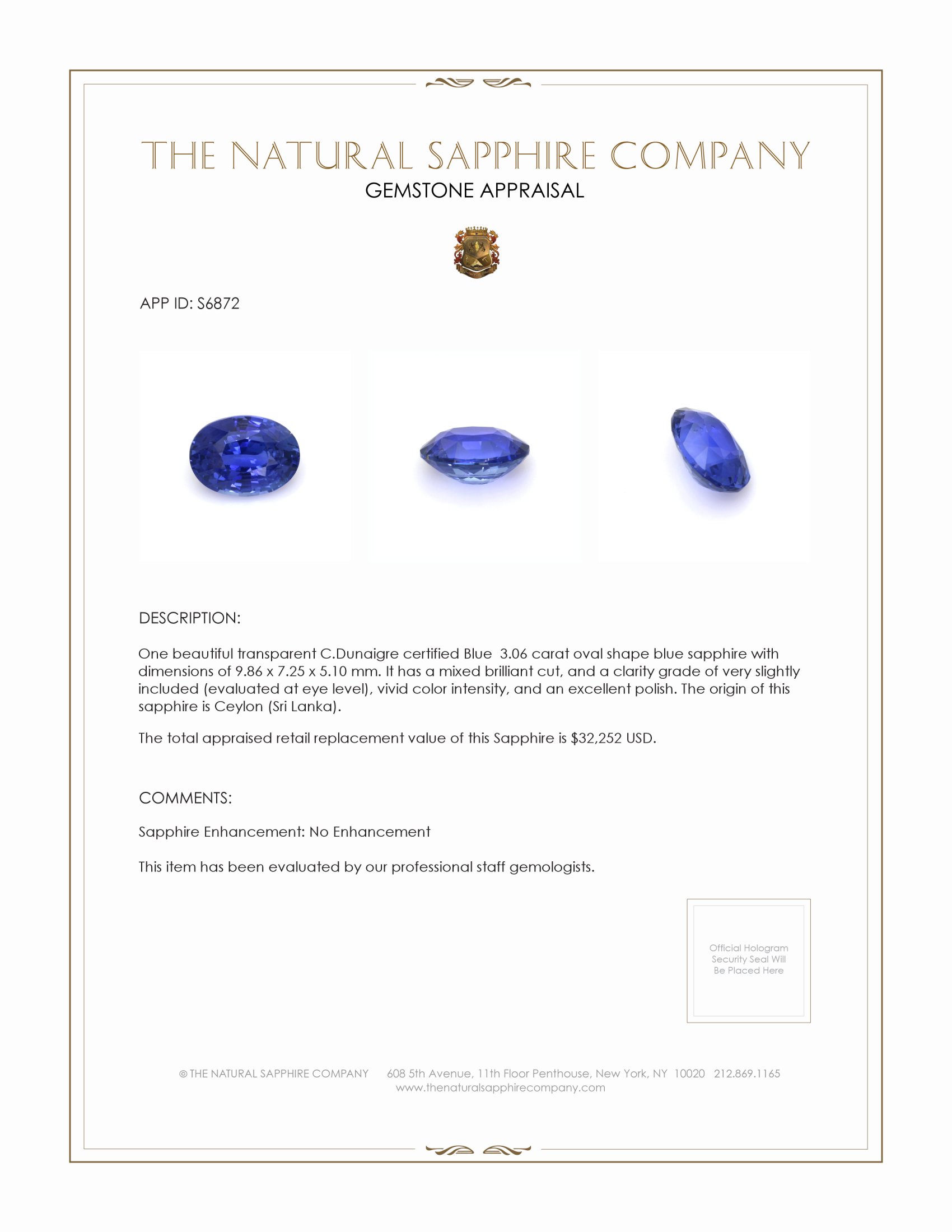 3.06 Ct. Blue Sapphire from Ceylon (Sri Lanka)