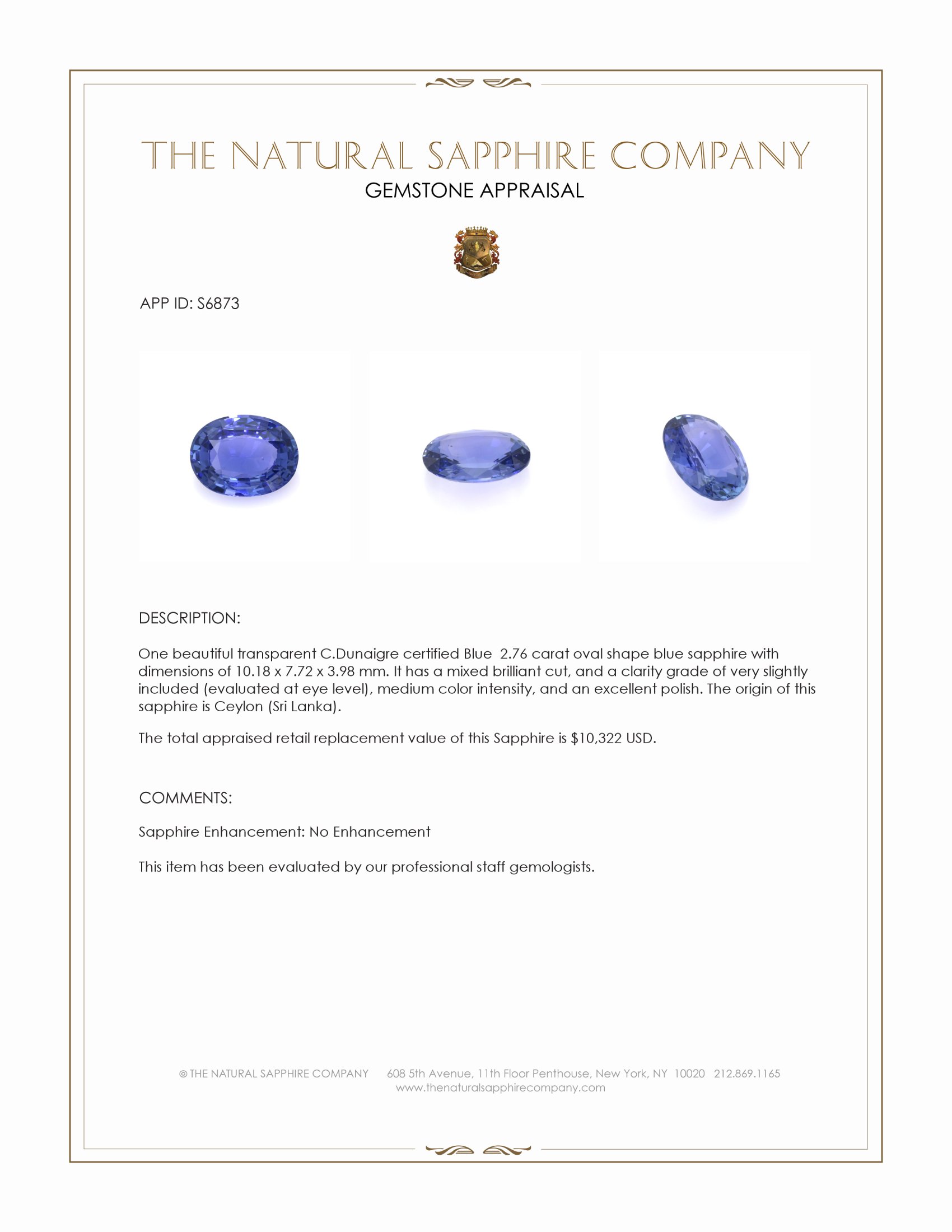 2.76 Ct. Blue Sapphire from Ceylon (Sri Lanka)